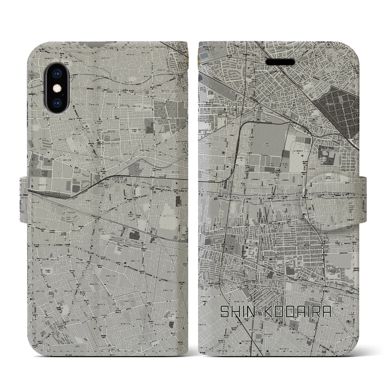 【新小平(東京都)】地図柄iPhoneケース(手帳タイプ)モノトーン・iPhone XS / X 用