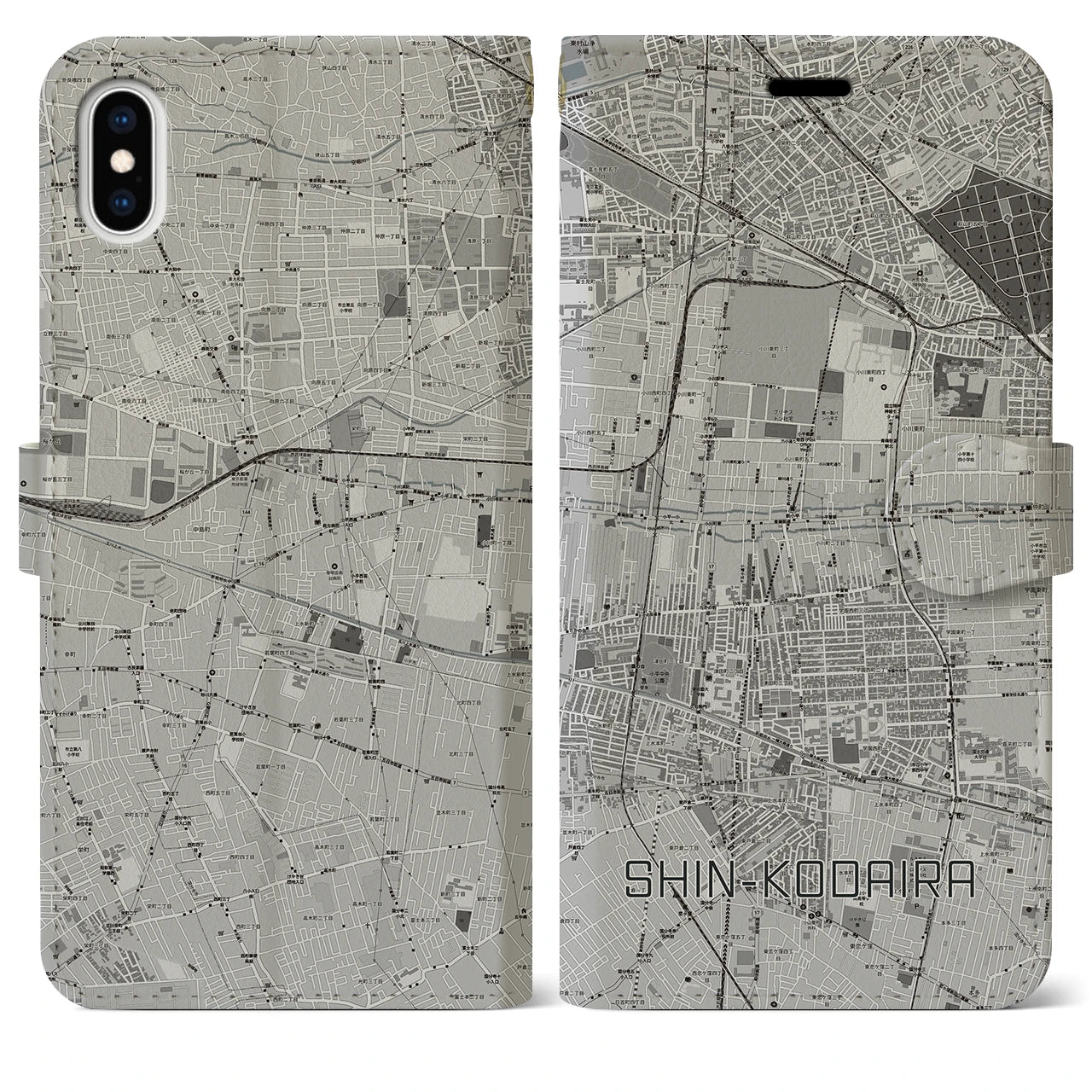 【新小平(東京都)】地図柄iPhoneケース(手帳タイプ)モノトーン・iPhone XS Max 用