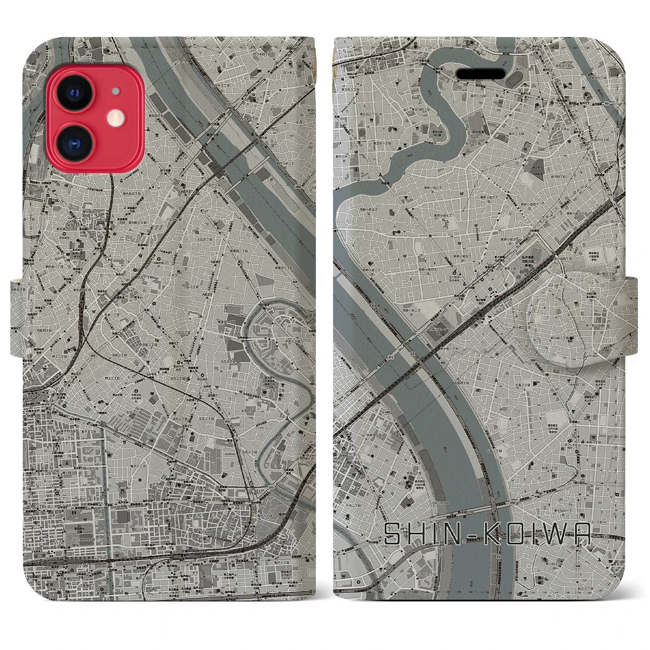 【新小岩(東京都)】地図柄iPhoneケース(手帳タイプ)モノトーン・iPhone 11 用