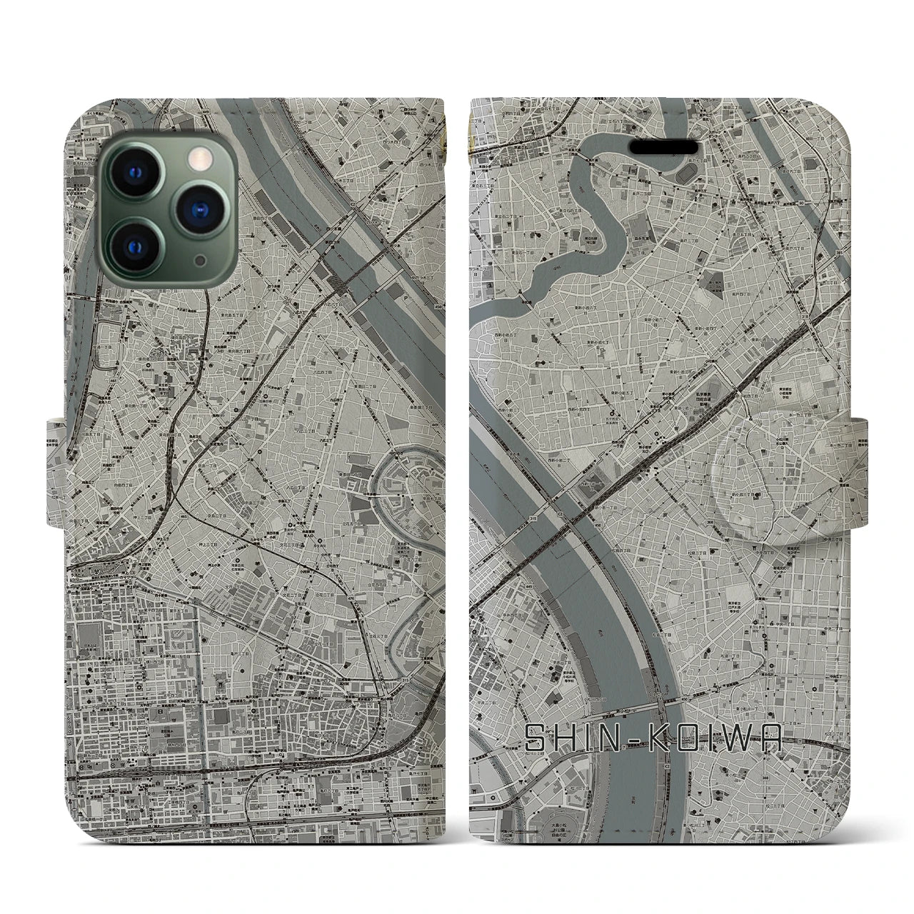 【新小岩(東京都)】地図柄iPhoneケース(手帳タイプ)モノトーン・iPhone 11 Pro 用
