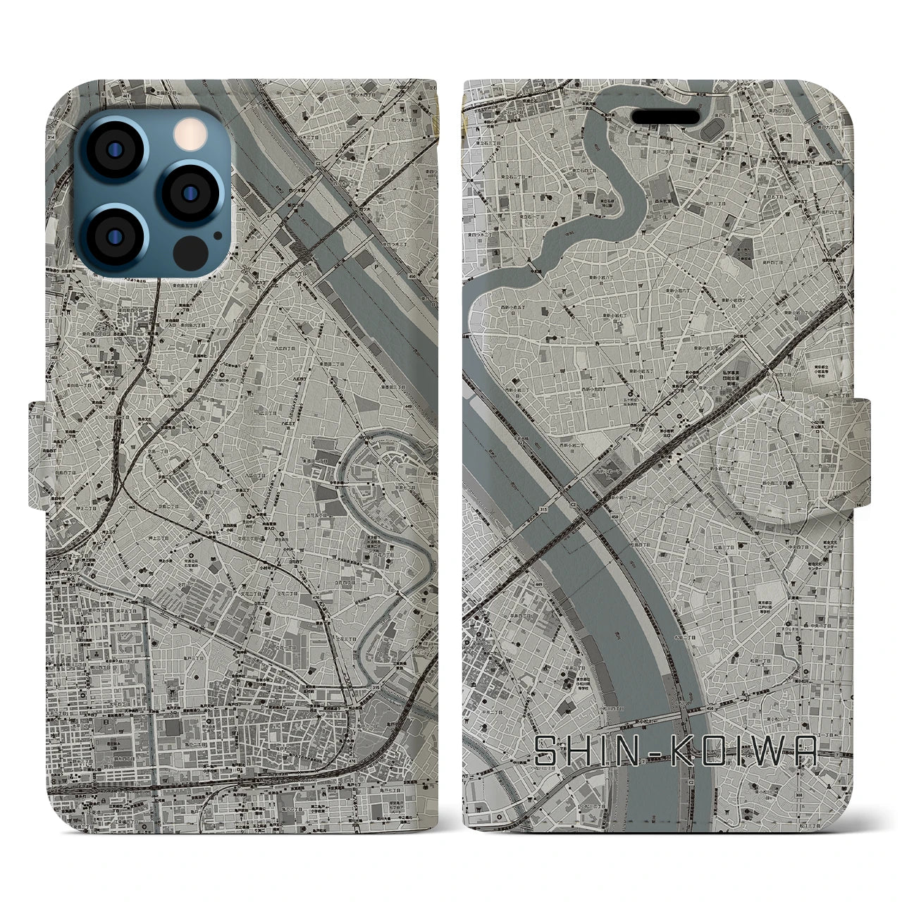 【新小岩(東京都)】地図柄iPhoneケース(手帳タイプ)モノトーン・iPhone 12 / 12 Pro 用