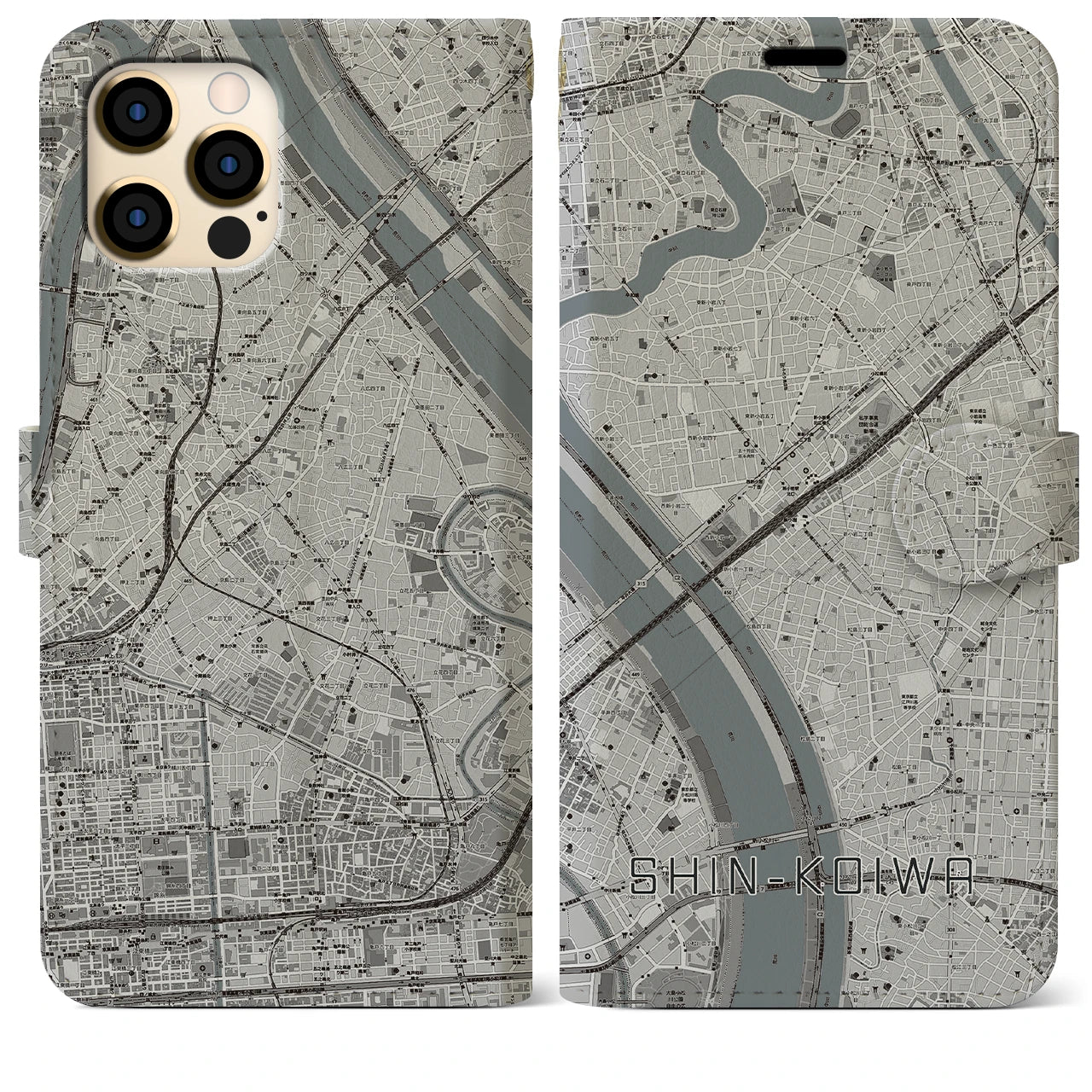 【新小岩(東京都)】地図柄iPhoneケース(手帳タイプ)モノトーン・iPhone 12 Pro Max 用