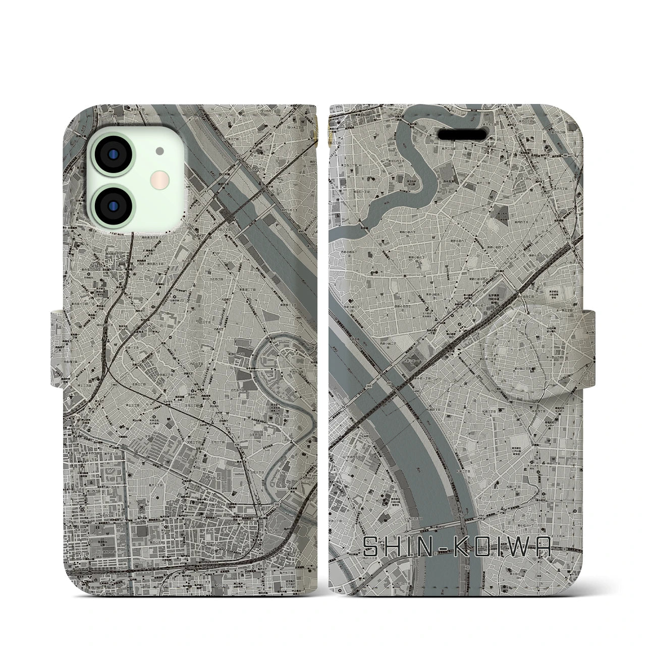 【新小岩(東京都)】地図柄iPhoneケース(手帳タイプ)モノトーン・iPhone 12 mini 用