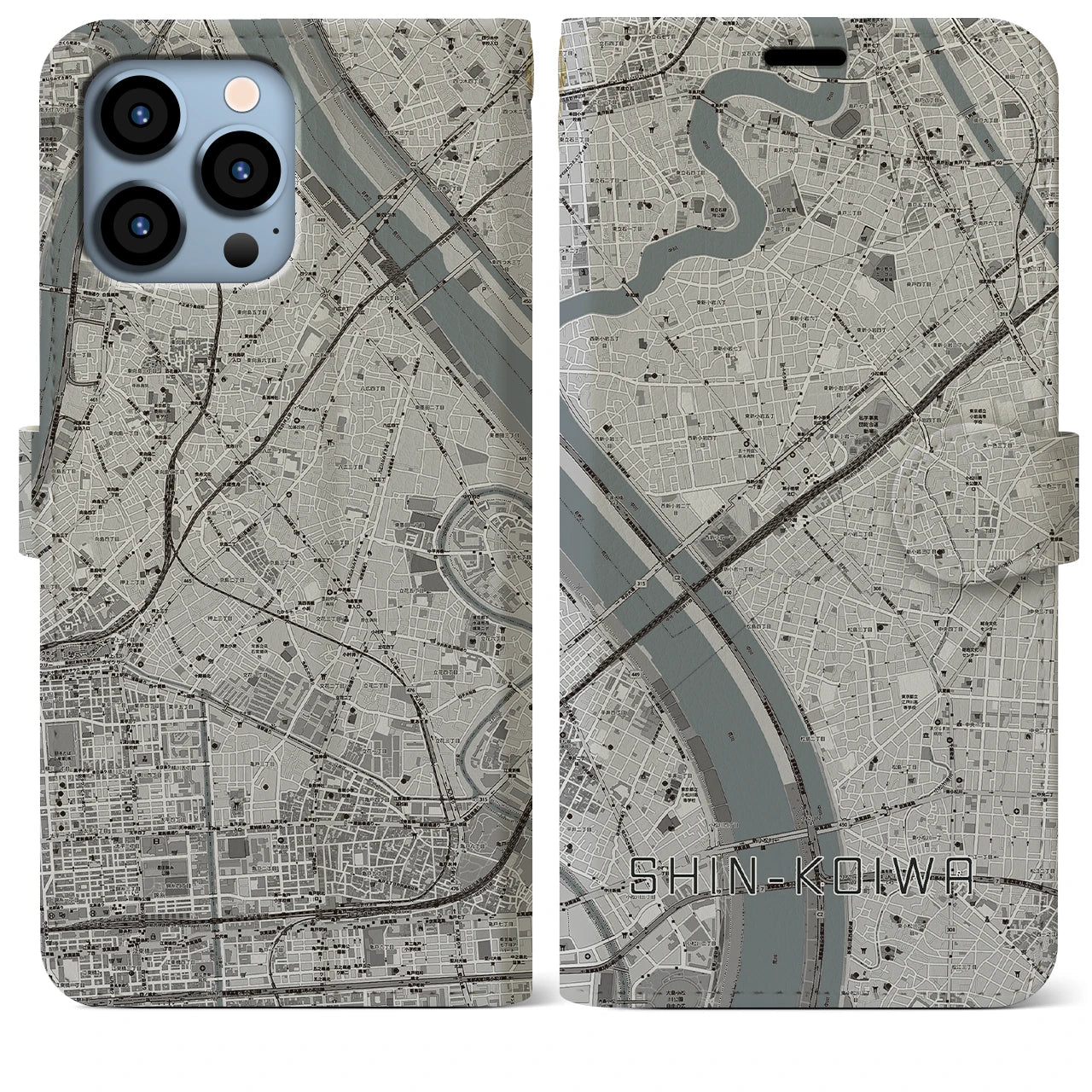 【新小岩(東京都)】地図柄iPhoneケース(手帳タイプ)モノトーン・iPhone 13 Pro Max 用