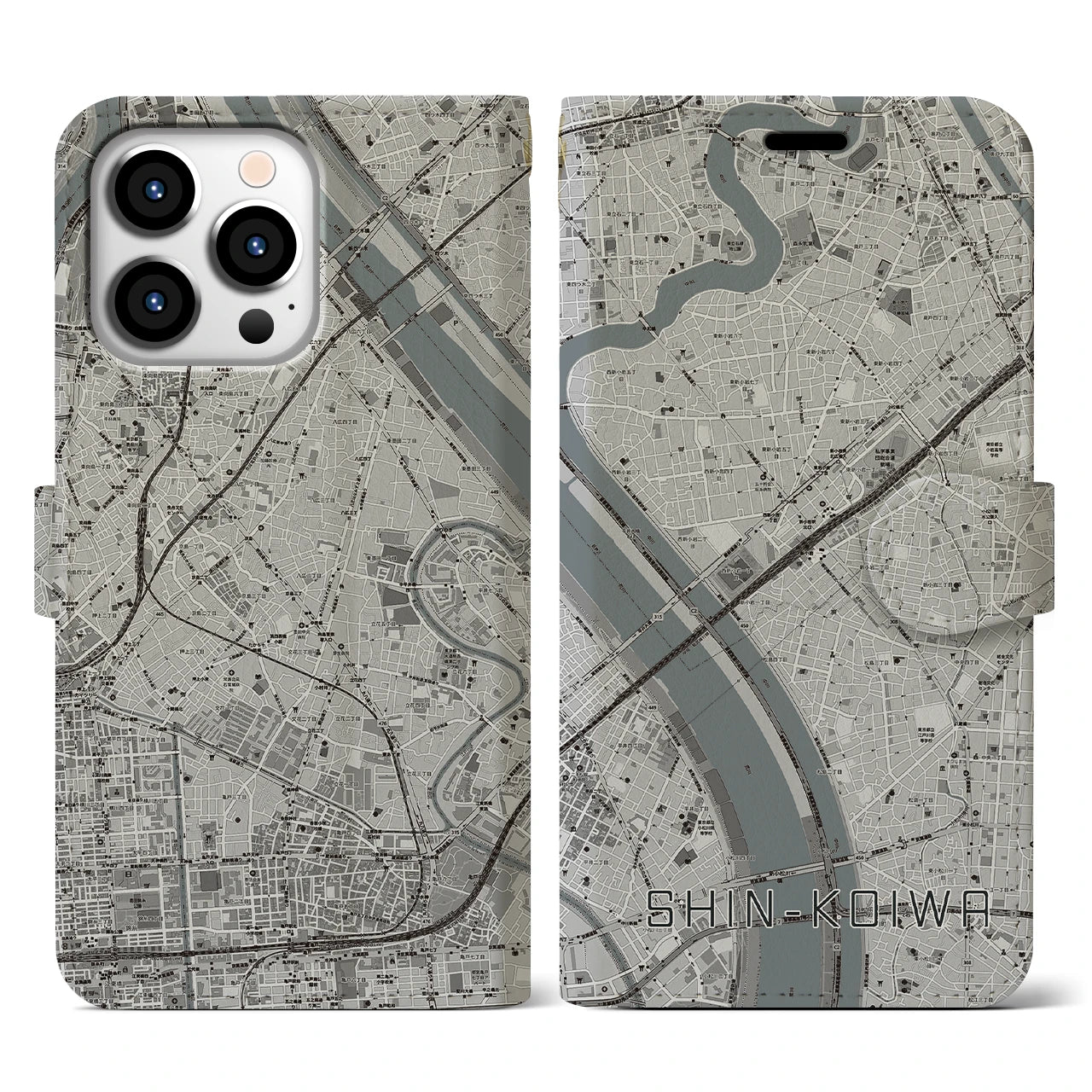 【新小岩(東京都)】地図柄iPhoneケース(手帳タイプ)モノトーン・iPhone 13 Pro 用