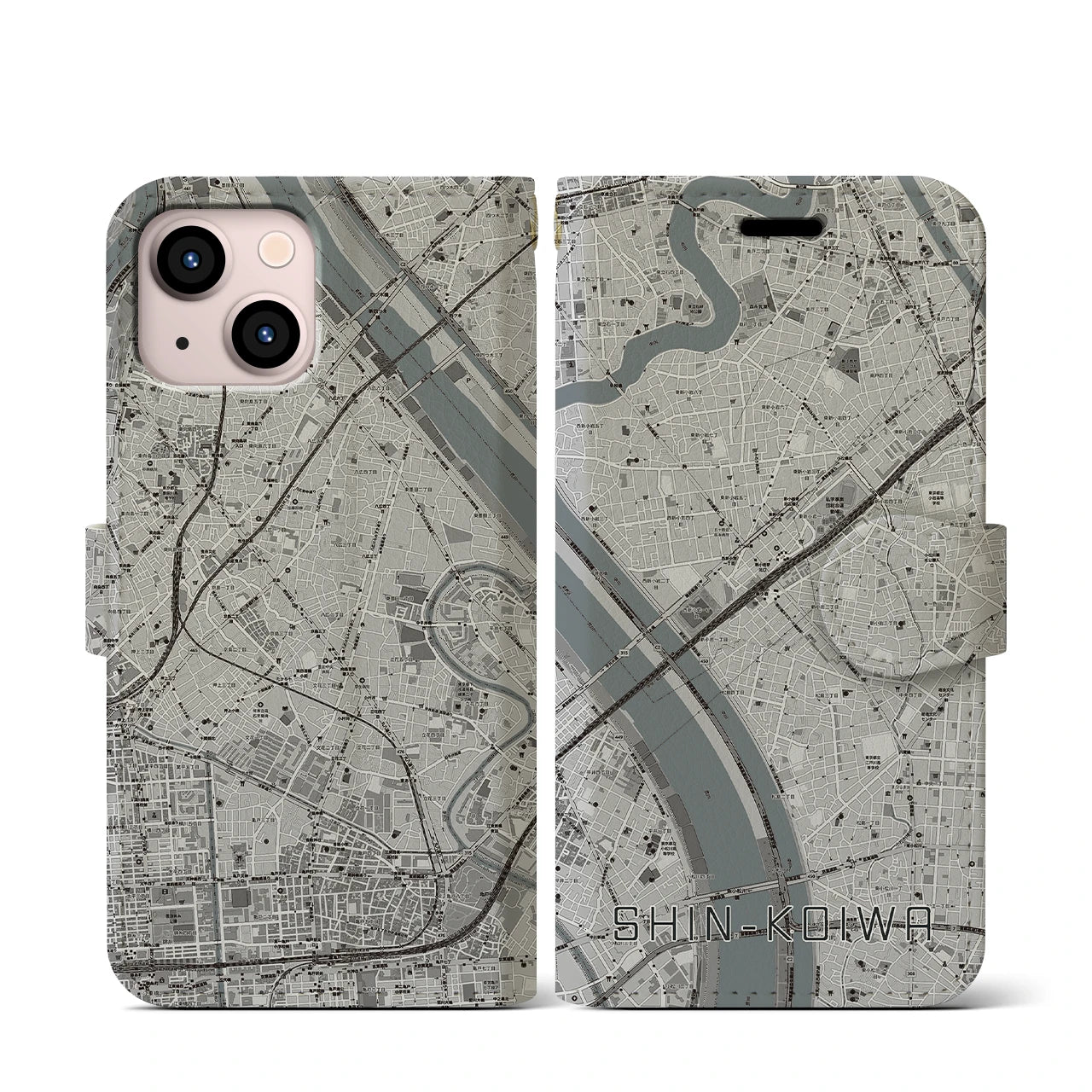 【新小岩(東京都)】地図柄iPhoneケース(手帳タイプ)モノトーン・iPhone 13 mini 用