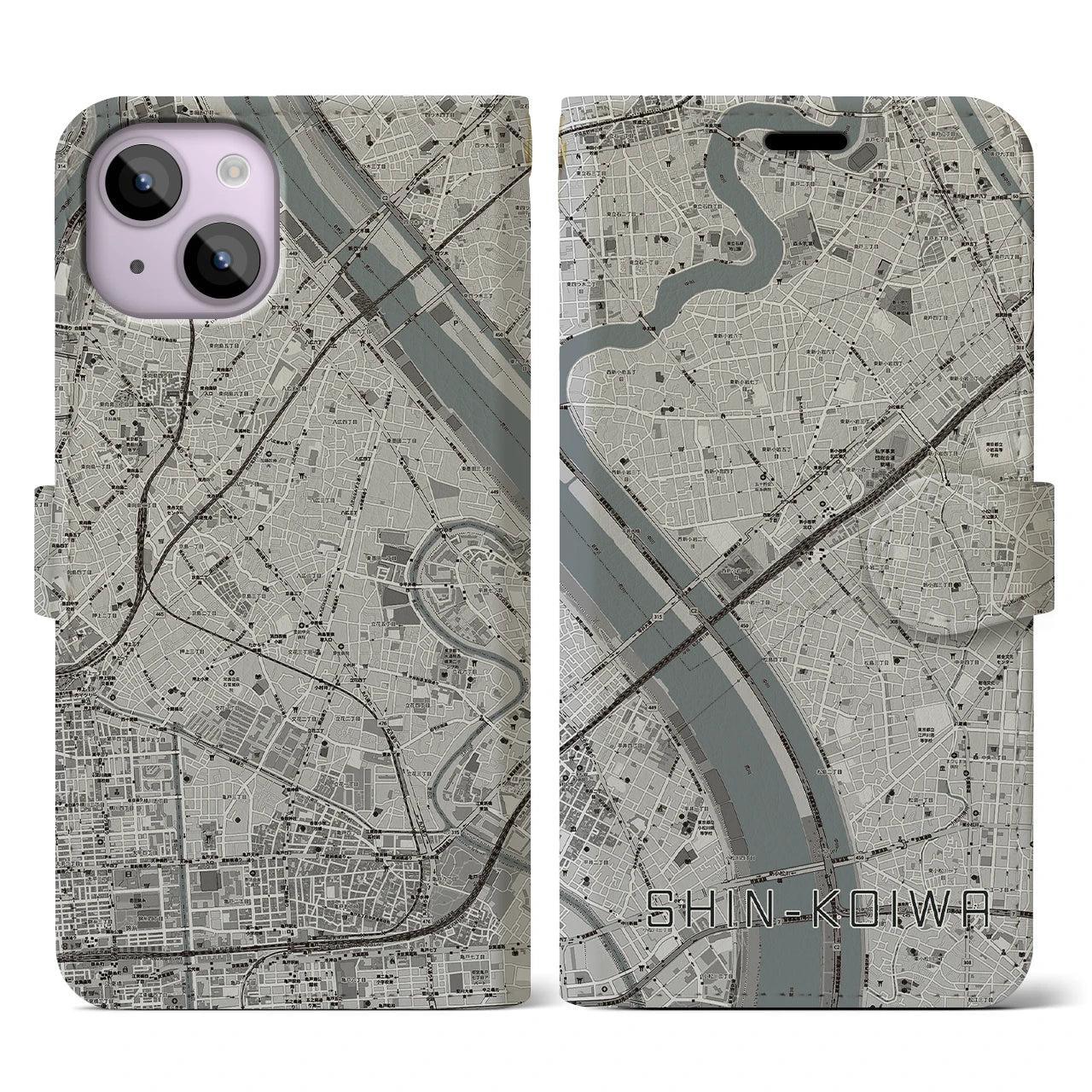 【新小岩(東京都)】地図柄iPhoneケース(手帳タイプ)モノトーン・iPhone 14 用