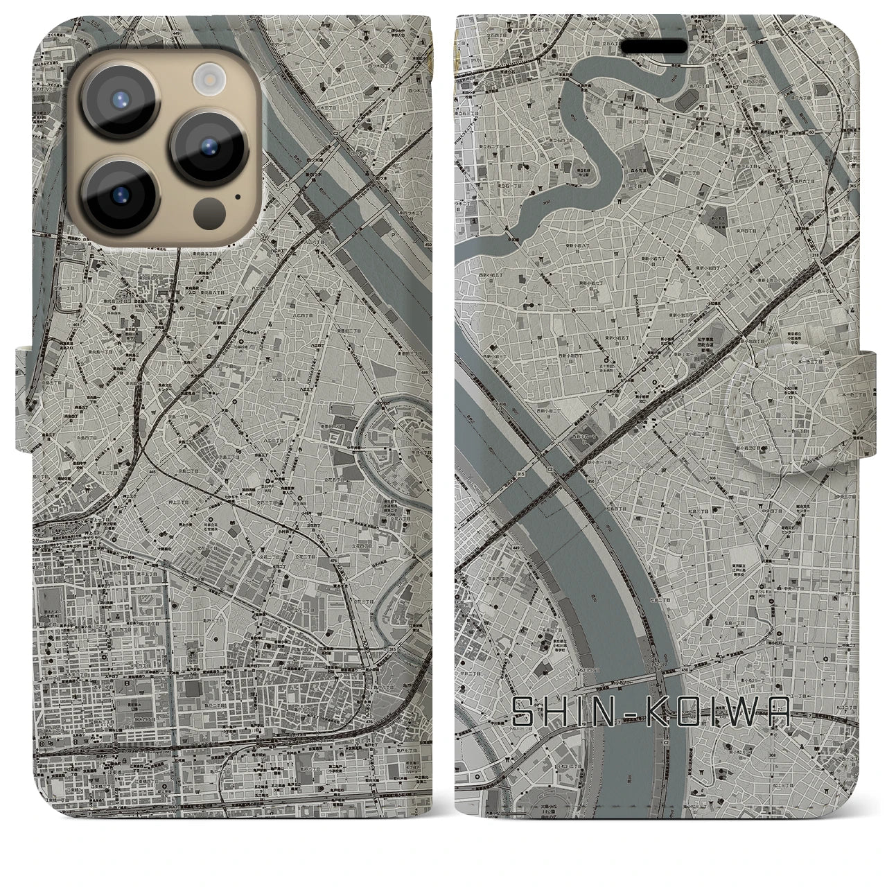 【新小岩(東京都)】地図柄iPhoneケース(手帳タイプ)モノトーン・iPhone 14 Pro Max 用