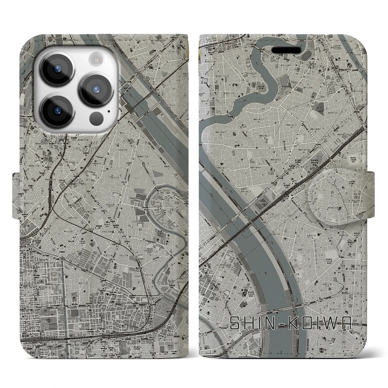 【新小岩(東京都)】地図柄iPhoneケース(手帳タイプ)モノトーン・iPhone 14 Pro 用