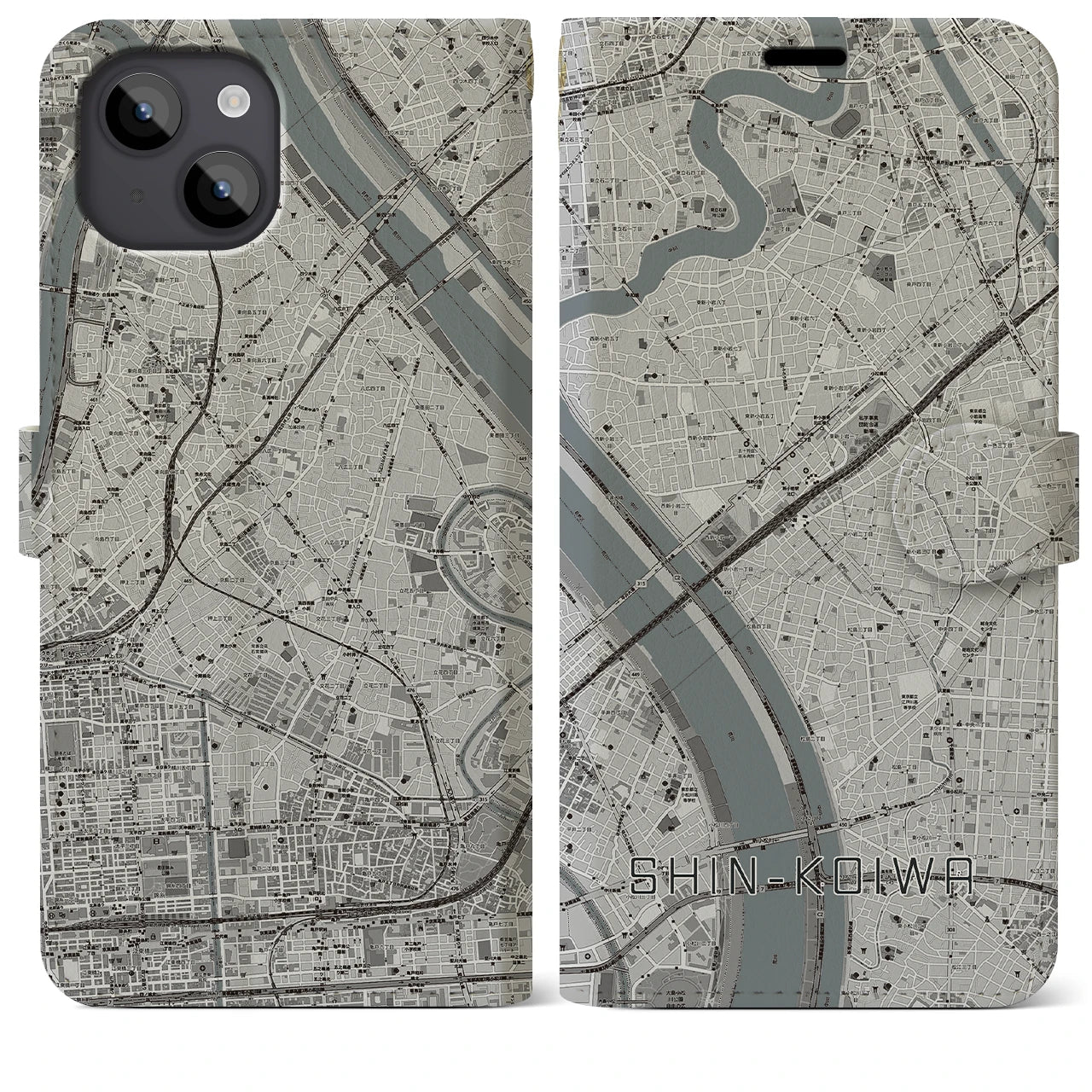【新小岩(東京都)】地図柄iPhoneケース(手帳タイプ)モノトーン・iPhone 14 Plus 用