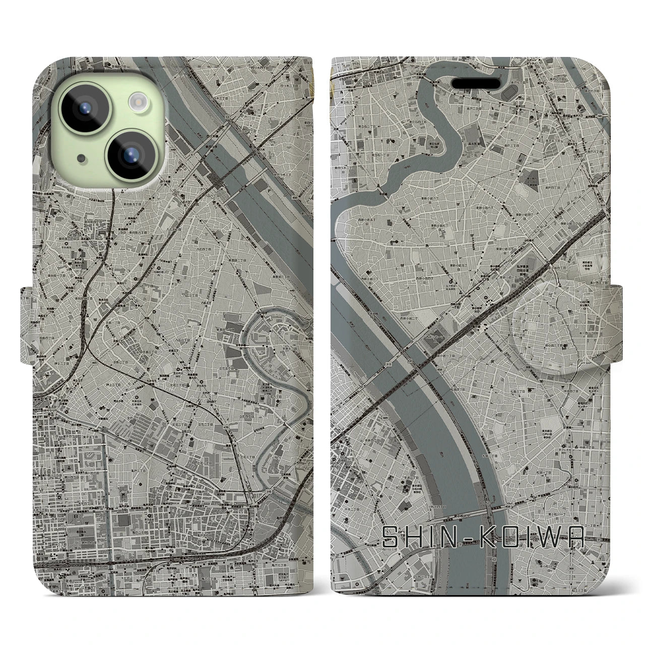 【新小岩(東京都)】地図柄iPhoneケース(手帳タイプ)モノトーン・iPhone 15 用