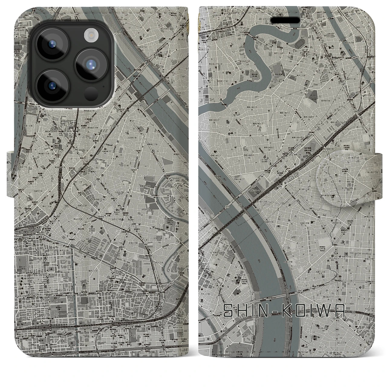 【新小岩(東京都)】地図柄iPhoneケース(手帳タイプ)モノトーン・iPhone 15 Pro Max 用