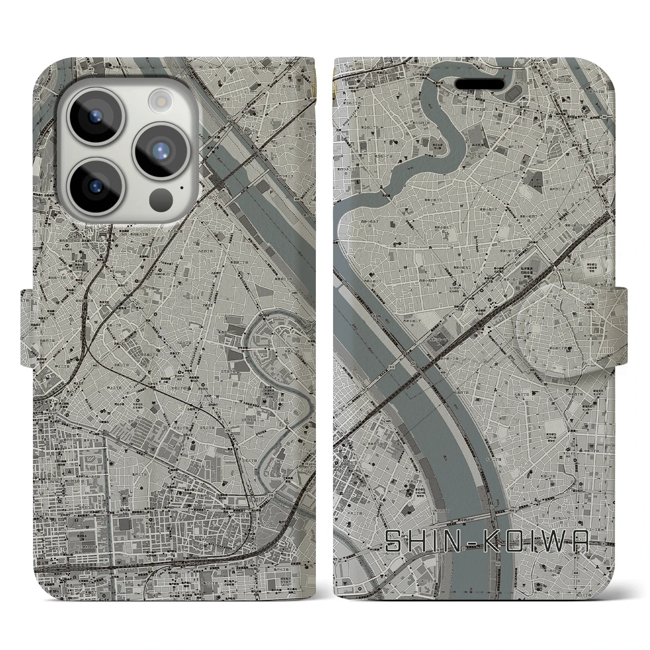 【新小岩(東京都)】地図柄iPhoneケース(手帳タイプ)モノトーン・iPhone 15 Pro 用
