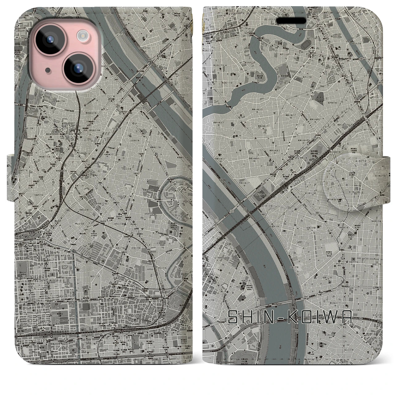 【新小岩(東京都)】地図柄iPhoneケース(手帳タイプ)モノトーン・iPhone 15 Plus 用