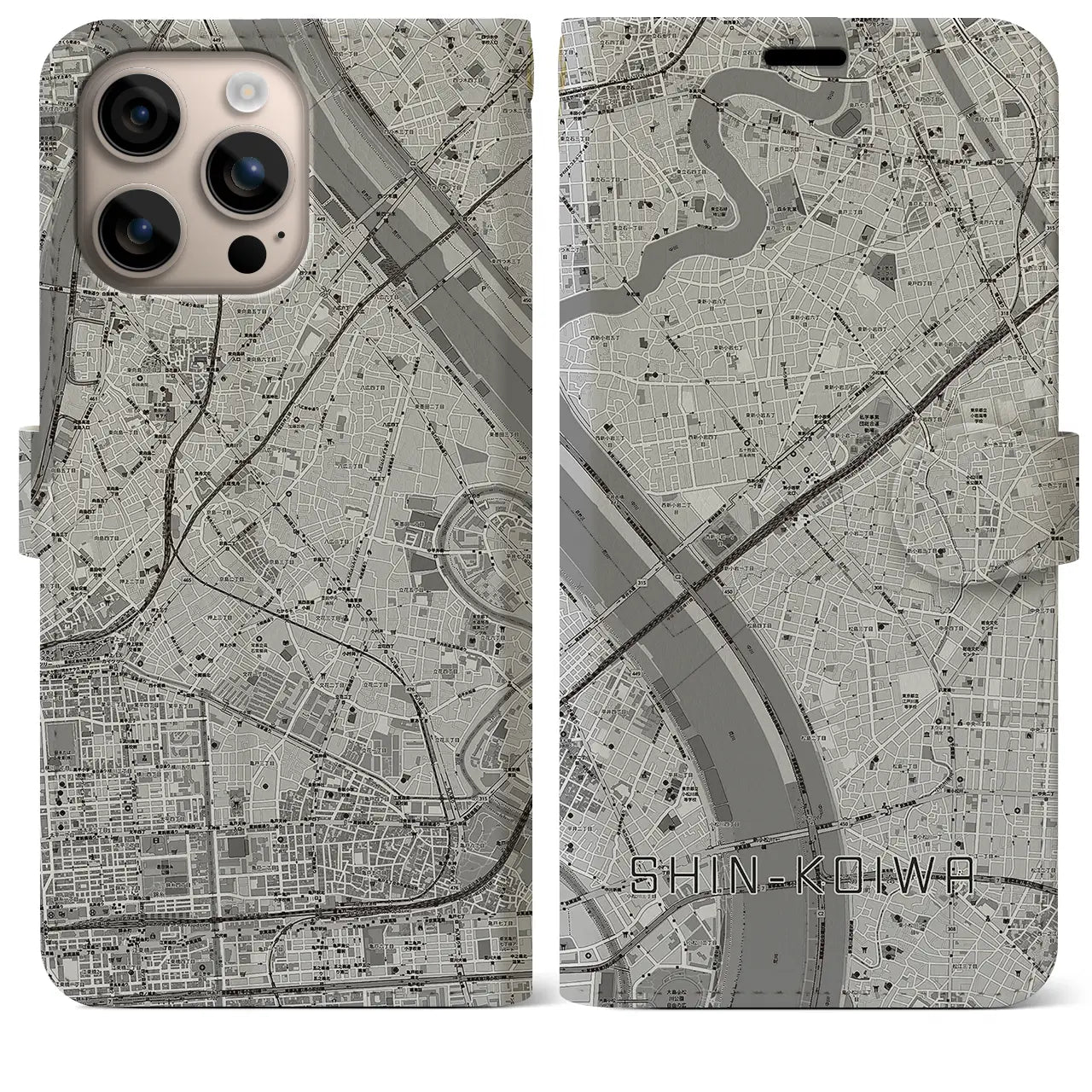 【新小岩(東京都)】地図柄iPhoneケース(手帳タイプ)モノトーン・iPhone 16 Plus 用
