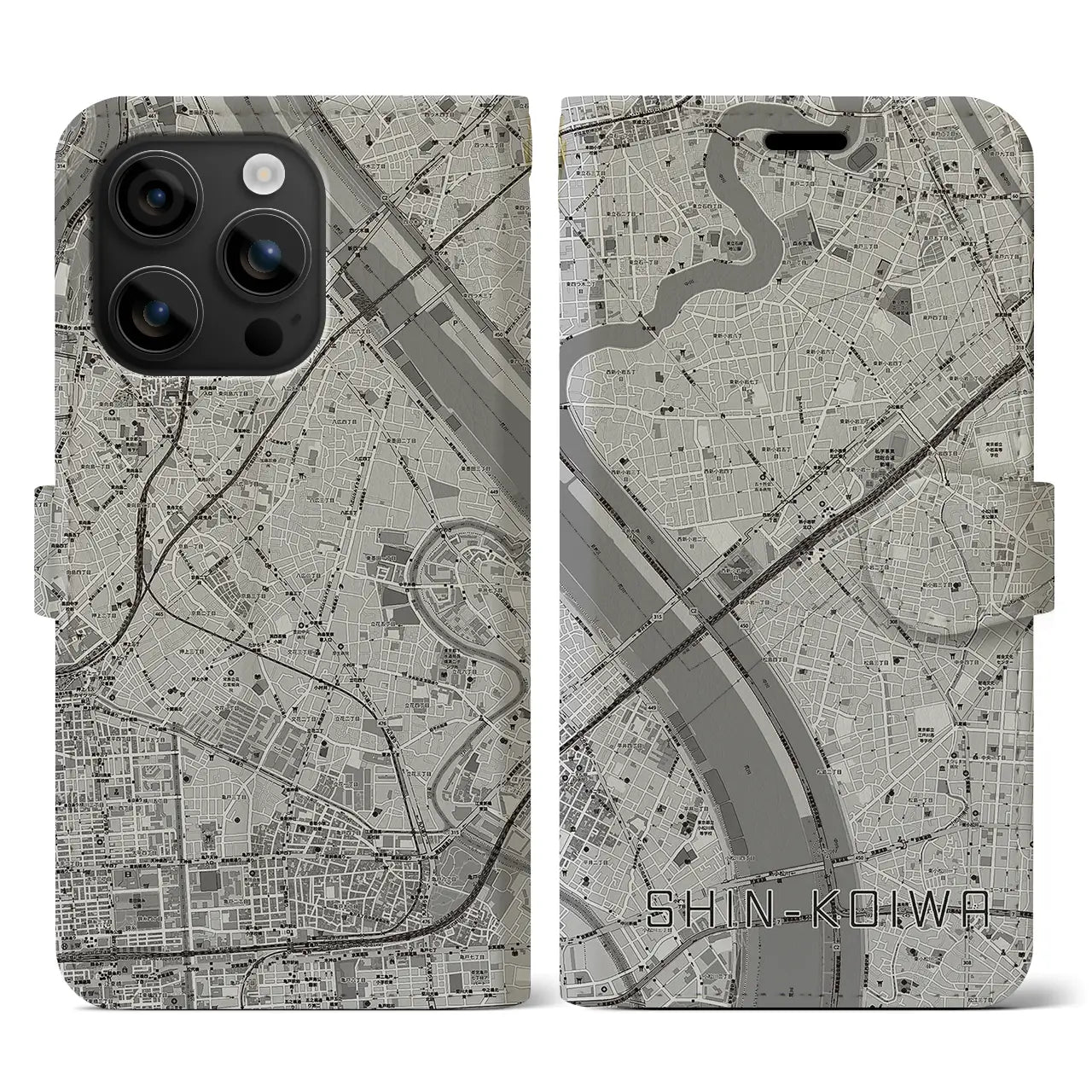 【新小岩(東京都)】地図柄iPhoneケース(手帳タイプ)モノトーン・iPhone 16 用