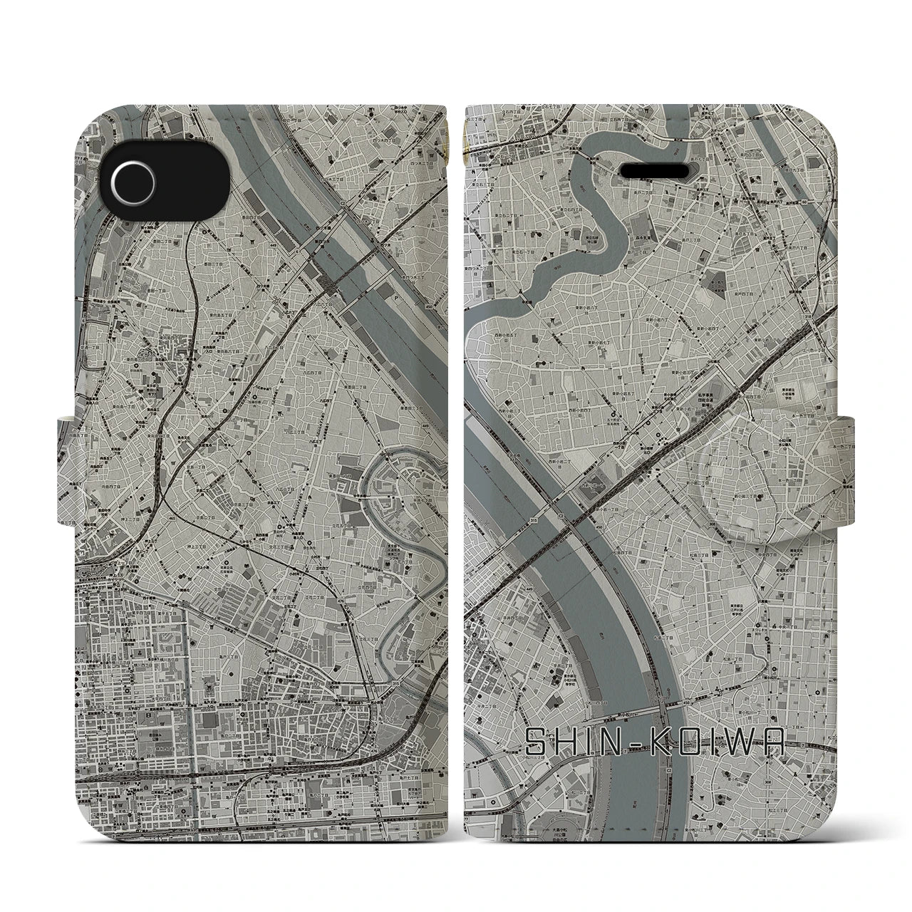 【新小岩(東京都)】地図柄iPhoneケース(手帳タイプ)モノトーン・iPhone SE(第3 / 第2世代) / 8 / 7 / 6s / 6 用