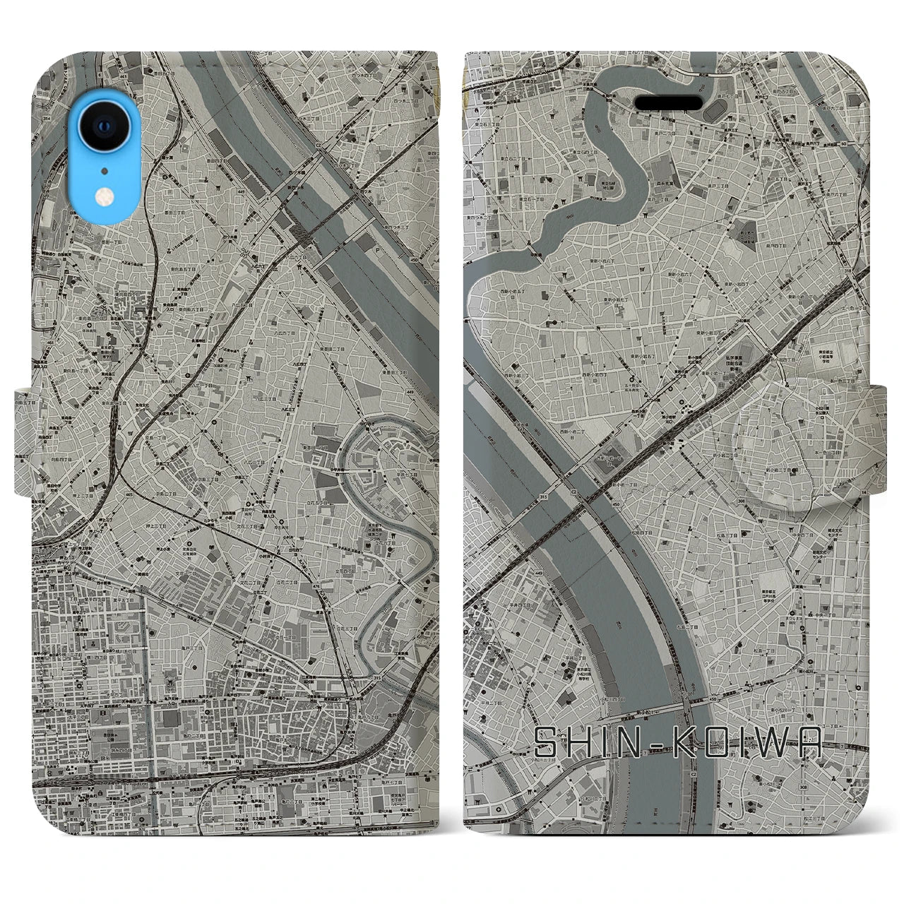 【新小岩(東京都)】地図柄iPhoneケース(手帳タイプ)モノトーン・iPhone XR 用