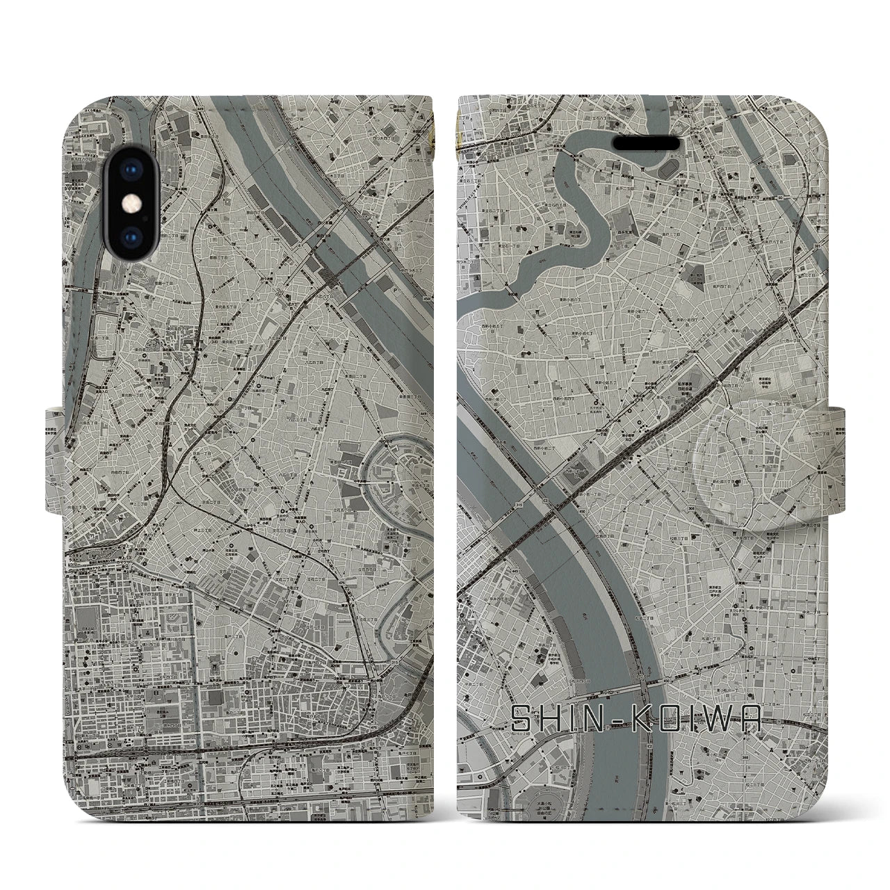 【新小岩(東京都)】地図柄iPhoneケース(手帳タイプ)モノトーン・iPhone XS / X 用