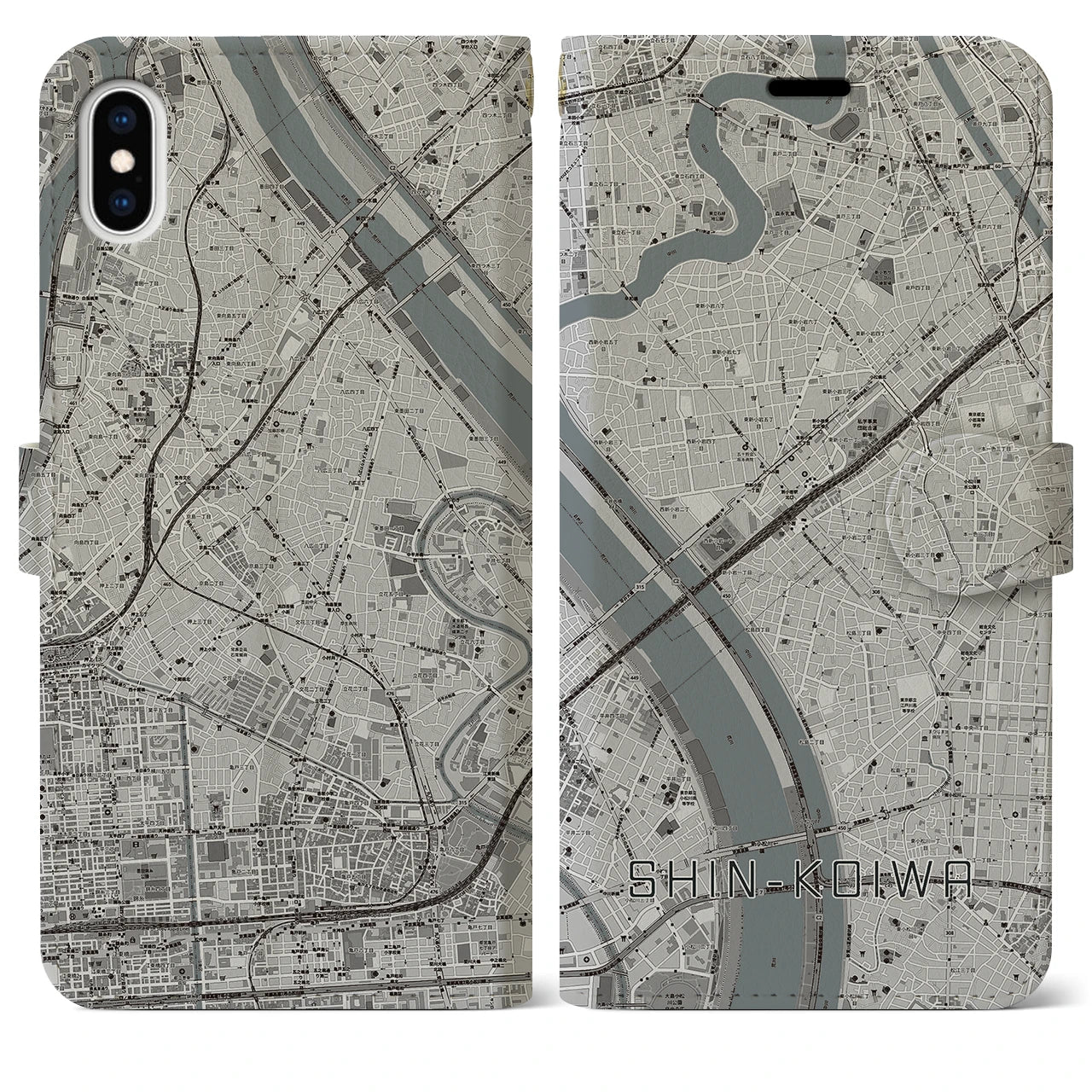 【新小岩(東京都)】地図柄iPhoneケース(手帳タイプ)モノトーン・iPhone XS Max 用