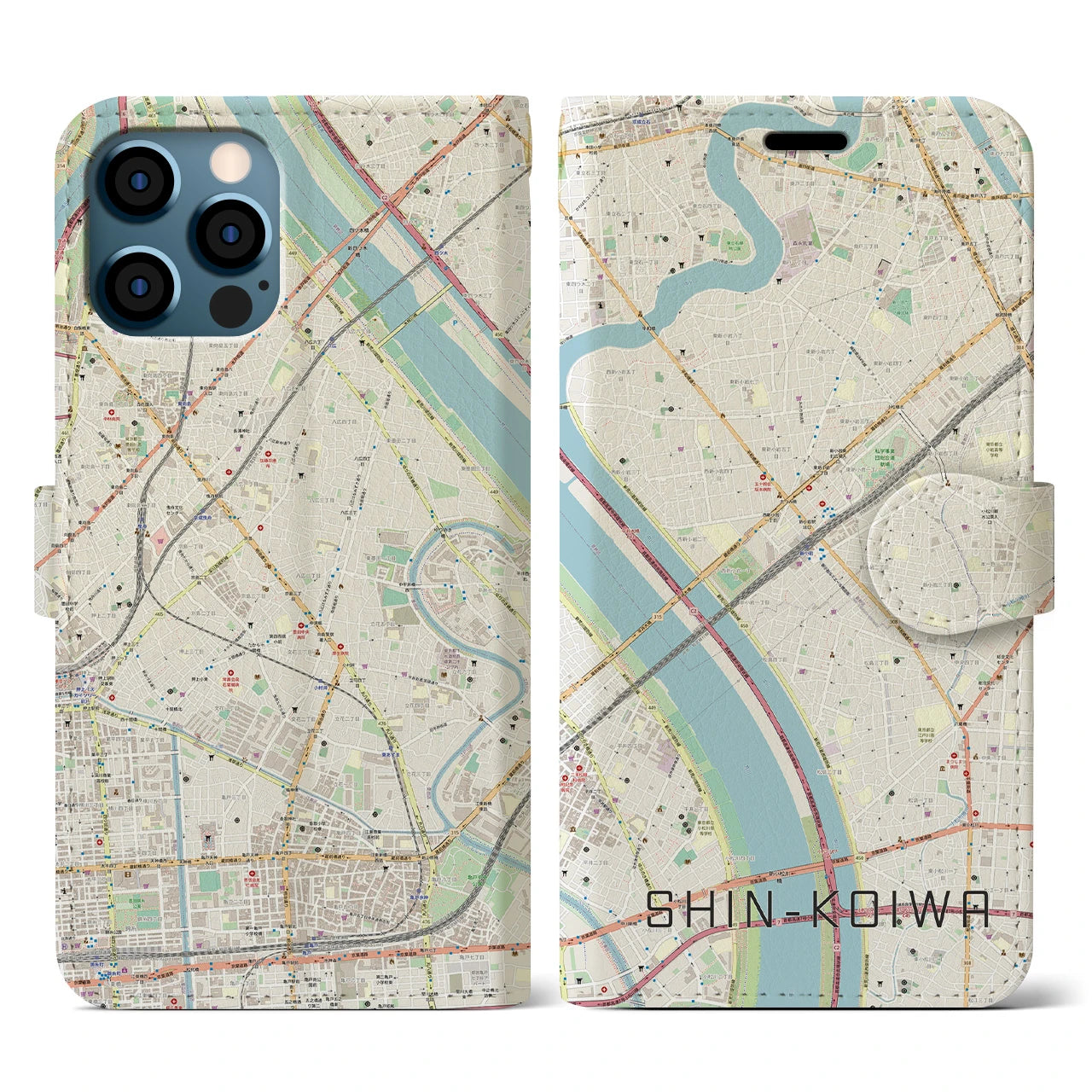 【新小岩(東京都)】地図柄iPhoneケース(手帳タイプ)ナチュラル・iPhone 12 / 12 Pro 用
