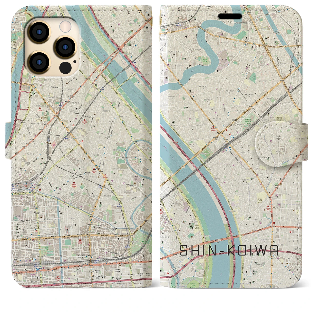 【新小岩(東京都)】地図柄iPhoneケース(手帳タイプ)ナチュラル・iPhone 12 Pro Max 用