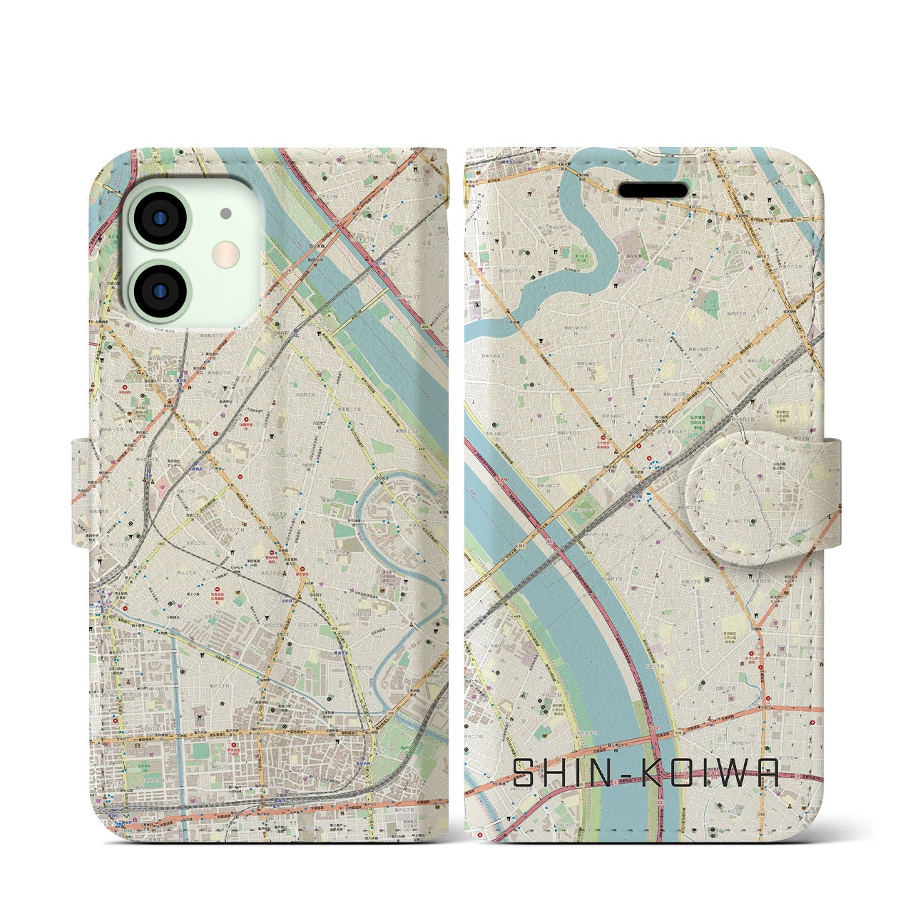 【新小岩(東京都)】地図柄iPhoneケース(手帳タイプ)ナチュラル・iPhone 12 mini 用