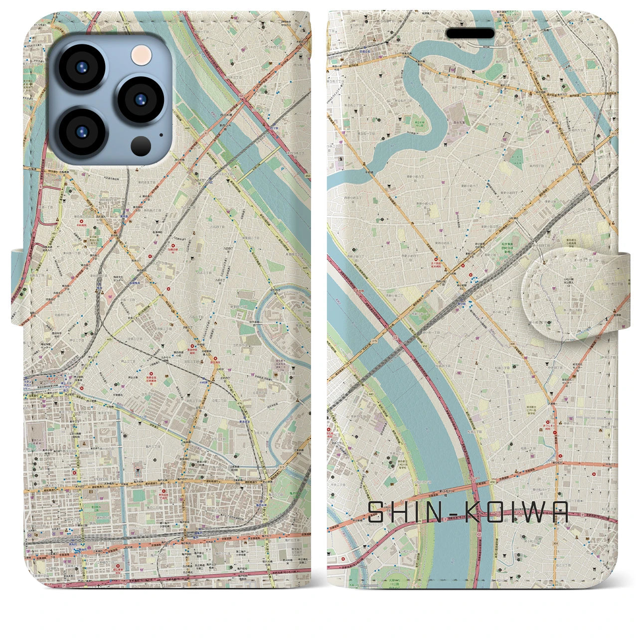 【新小岩(東京都)】地図柄iPhoneケース(手帳タイプ)ナチュラル・iPhone 13 Pro Max 用