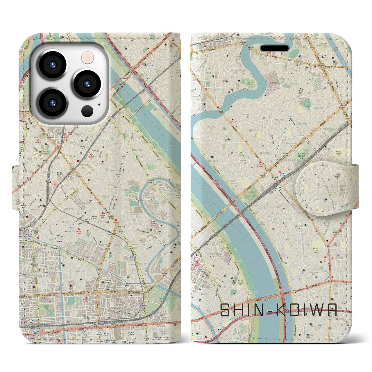 【新小岩(東京都)】地図柄iPhoneケース(手帳タイプ)ナチュラル・iPhone 13 Pro 用