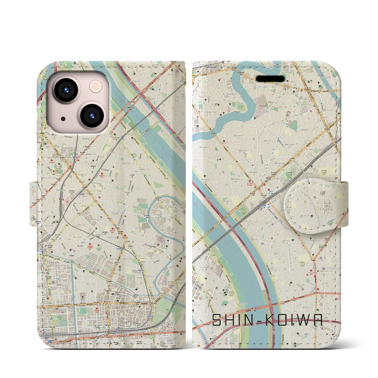 【新小岩(東京都)】地図柄iPhoneケース(手帳タイプ)ナチュラル・iPhone 13 mini 用