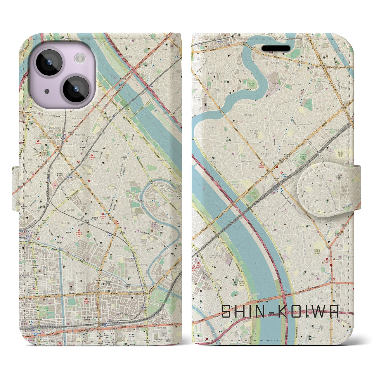【新小岩(東京都)】地図柄iPhoneケース(手帳タイプ)ナチュラル・iPhone 14 用