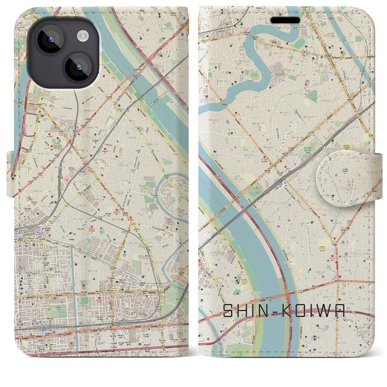 【新小岩(東京都)】地図柄iPhoneケース(手帳タイプ)ナチュラル・iPhone 14 Plus 用
