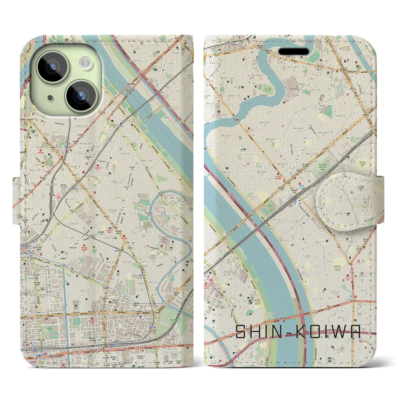 【新小岩(東京都)】地図柄iPhoneケース(手帳タイプ)ナチュラル・iPhone 15 用