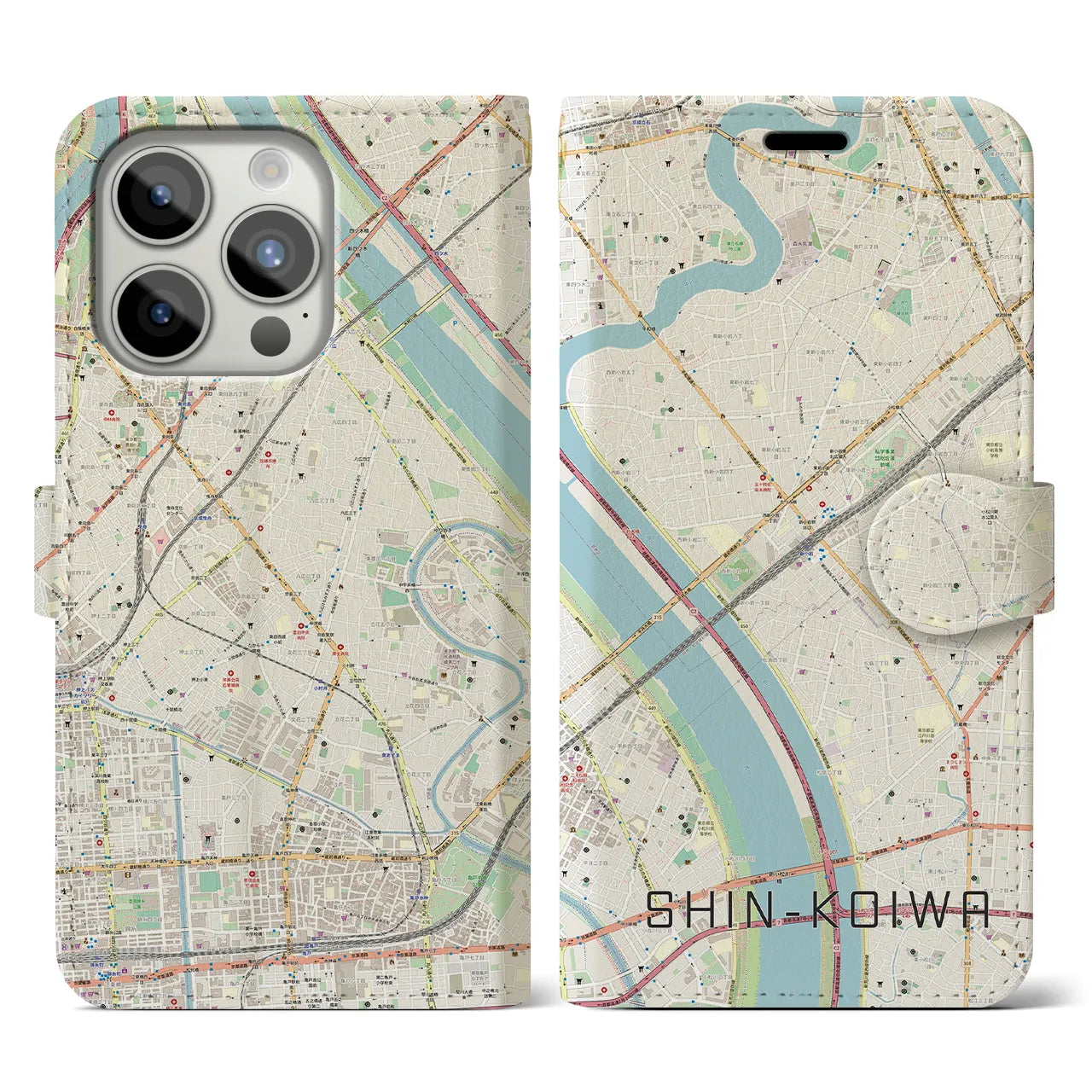 【新小岩(東京都)】地図柄iPhoneケース(手帳タイプ)ナチュラル・iPhone 15 Pro 用