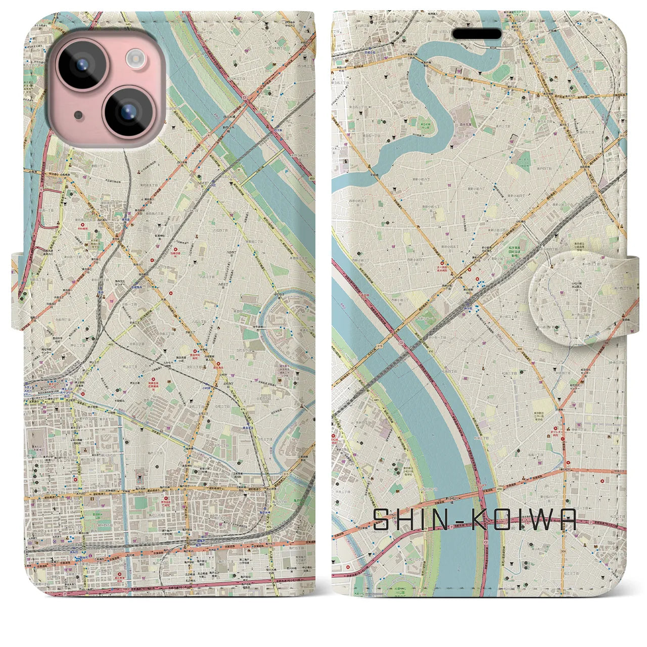 【新小岩(東京都)】地図柄iPhoneケース(手帳タイプ)ナチュラル・iPhone 15 Plus 用