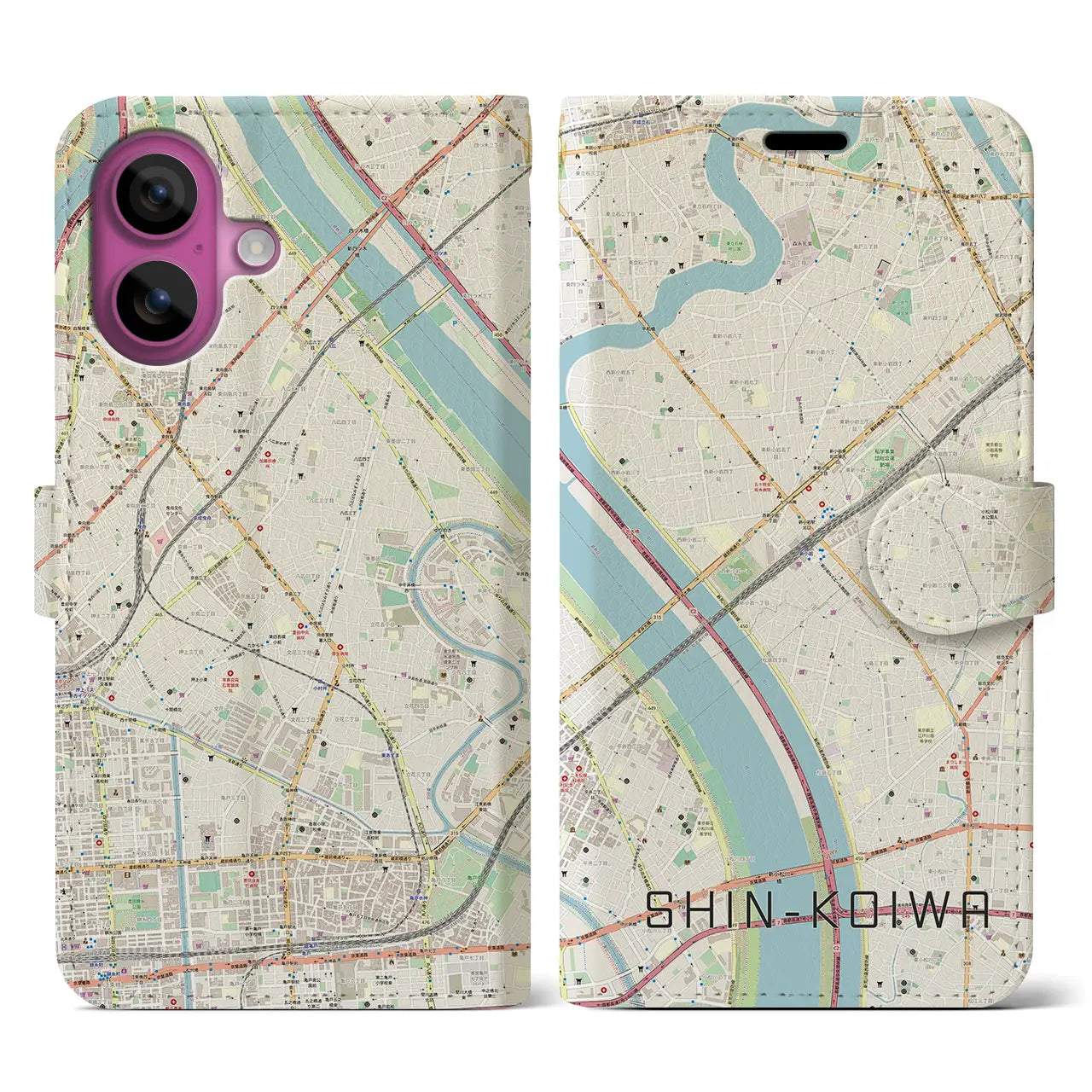 【新小岩(東京都)】地図柄iPhoneケース(手帳タイプ)ナチュラル・iPhone 16 Pro 用