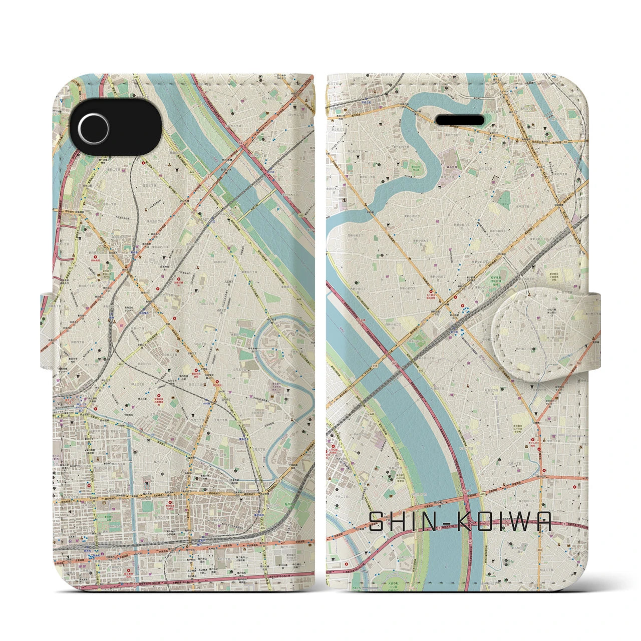 【新小岩(東京都)】地図柄iPhoneケース(手帳タイプ)ナチュラル・iPhone SE(第3 / 第2世代) / 8 / 7 / 6s / 6 用