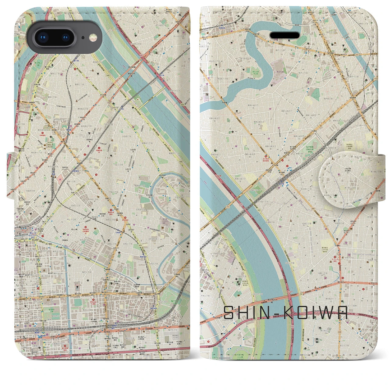 【新小岩(東京都)】地図柄iPhoneケース(手帳タイプ)ナチュラル・iPhone 8Plus /7Plus / 6sPlus / 6Plus 用