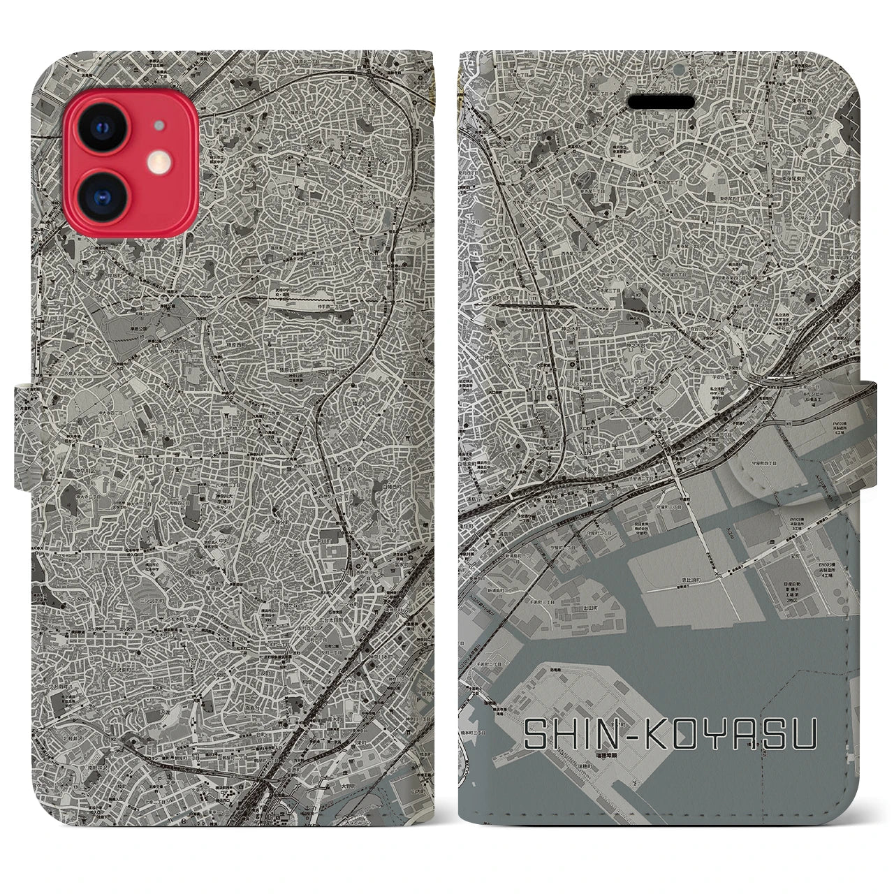 【新子安(神奈川県)】地図柄iPhoneケース(手帳タイプ)モノトーン・iPhone 11 用