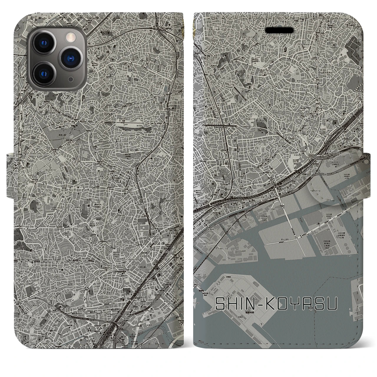 【新子安(神奈川県)】地図柄iPhoneケース(手帳タイプ)モノトーン・iPhone 11 Pro Max 用