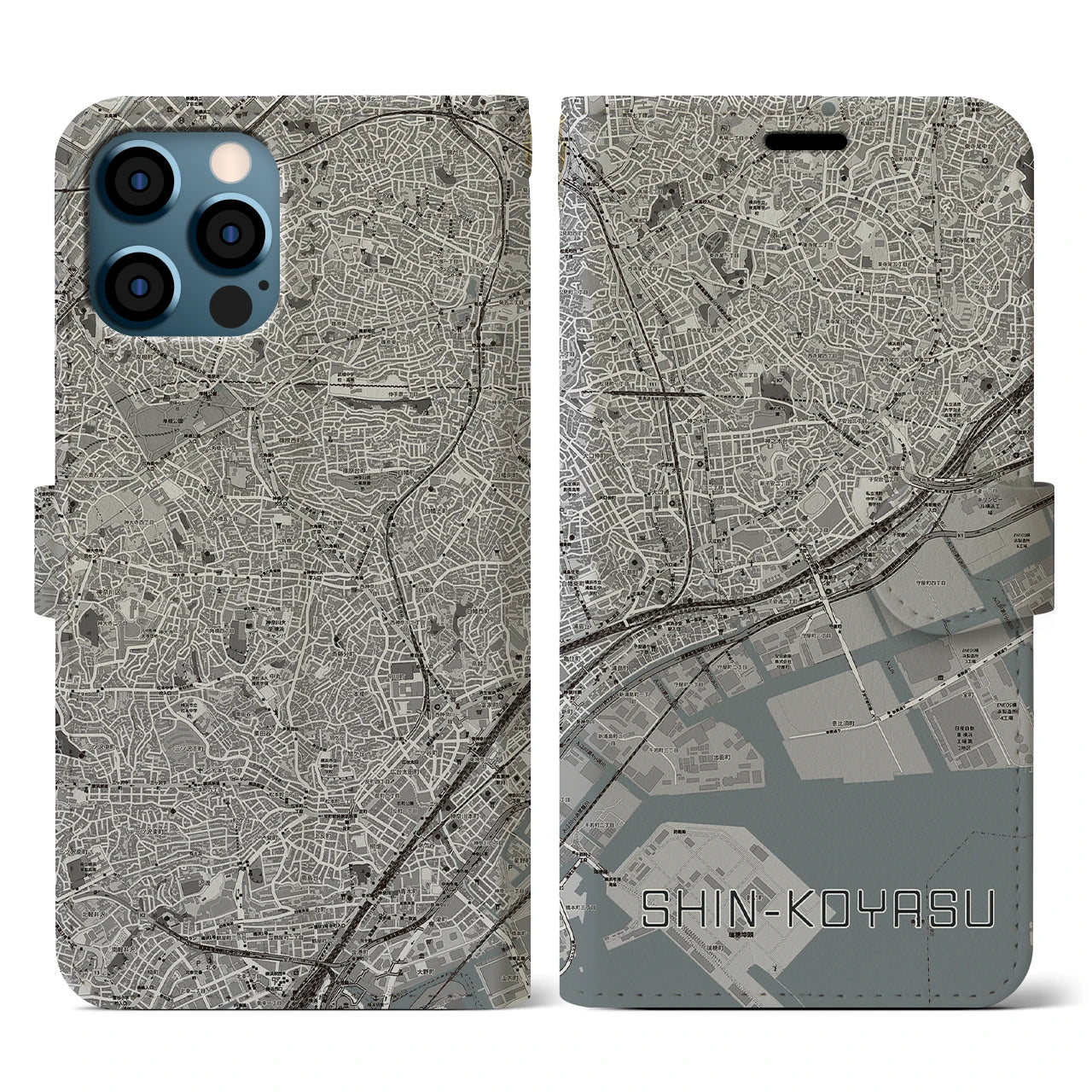 【新子安(神奈川県)】地図柄iPhoneケース(手帳タイプ)モノトーン・iPhone 12 / 12 Pro 用