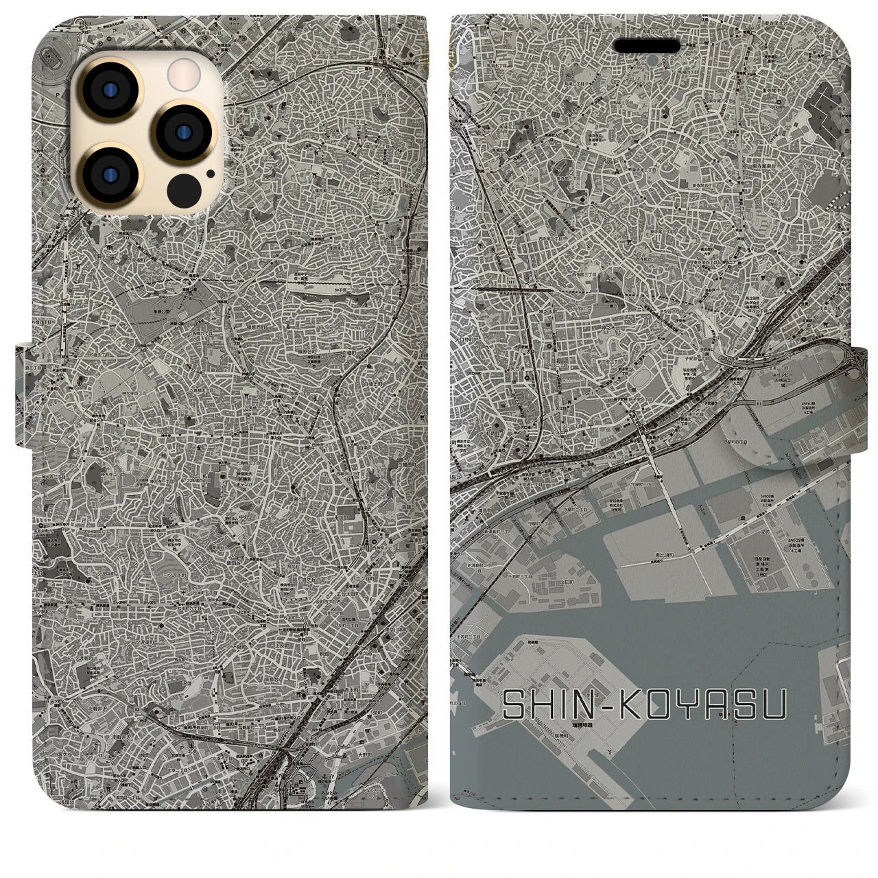 【新子安(神奈川県)】地図柄iPhoneケース(手帳タイプ)モノトーン・iPhone 12 Pro Max 用