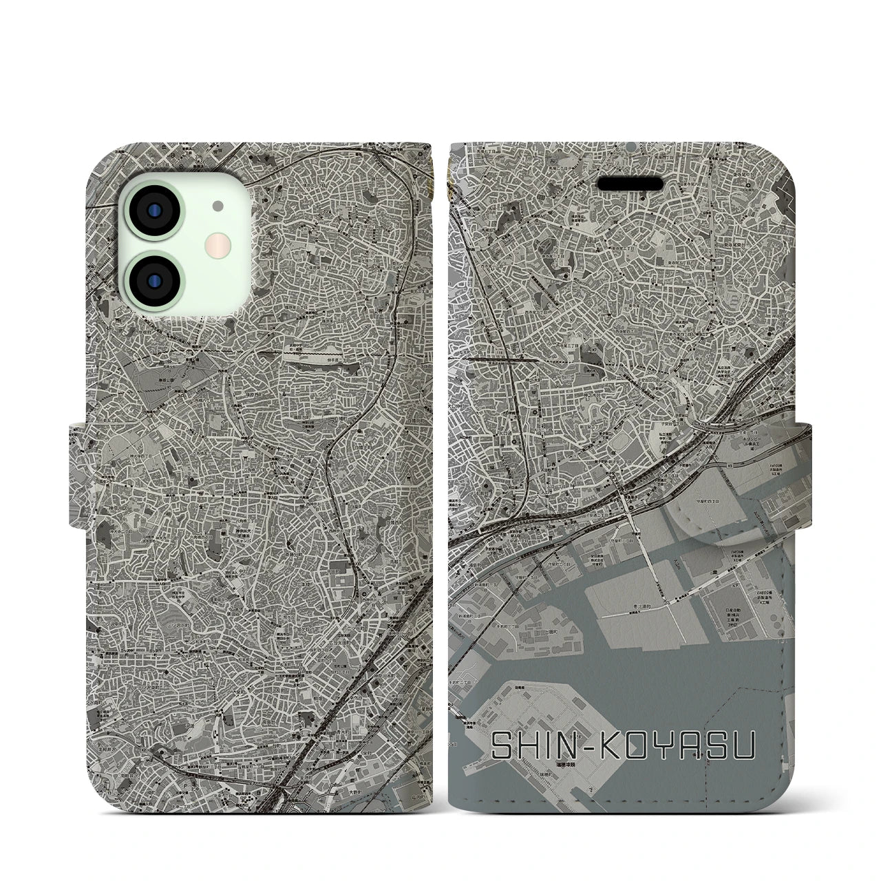 【新子安(神奈川県)】地図柄iPhoneケース(手帳タイプ)モノトーン・iPhone 12 mini 用