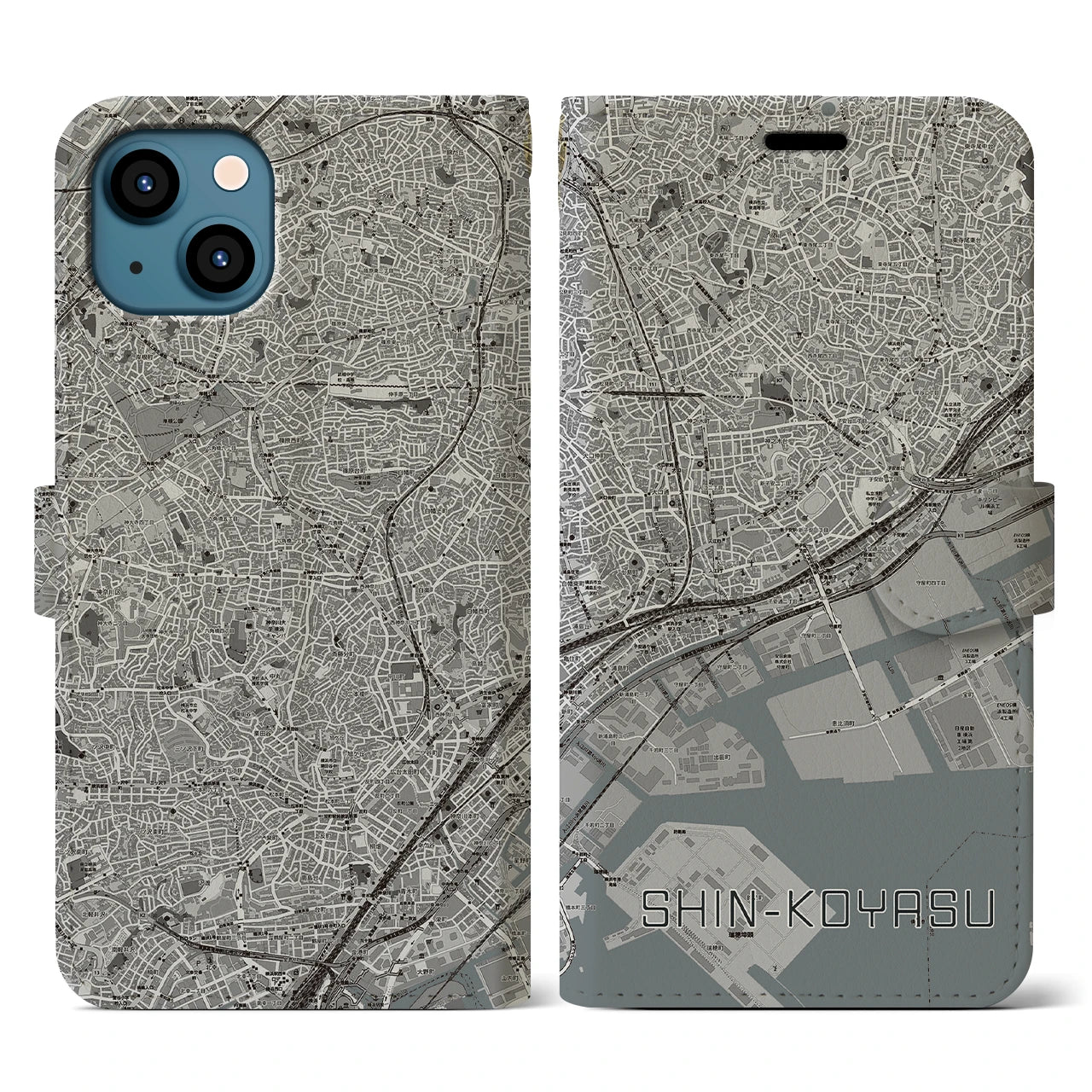 【新子安(神奈川県)】地図柄iPhoneケース(手帳タイプ)モノトーン・iPhone 13 用