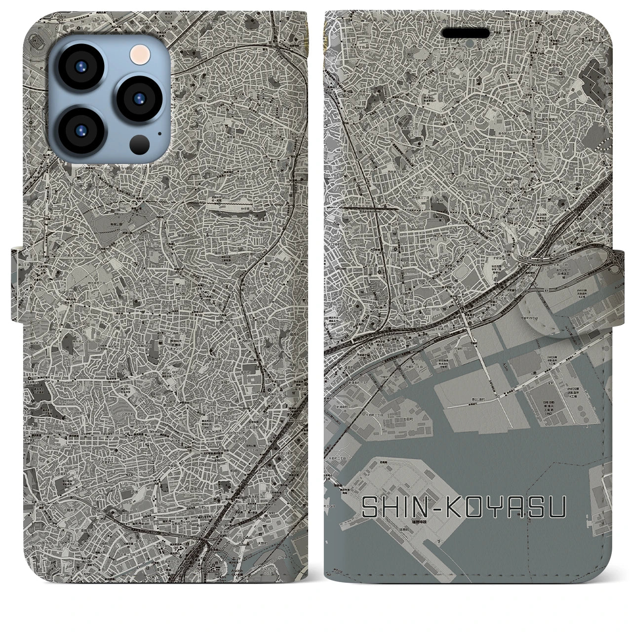 【新子安(神奈川県)】地図柄iPhoneケース(手帳タイプ)モノトーン・iPhone 13 Pro Max 用