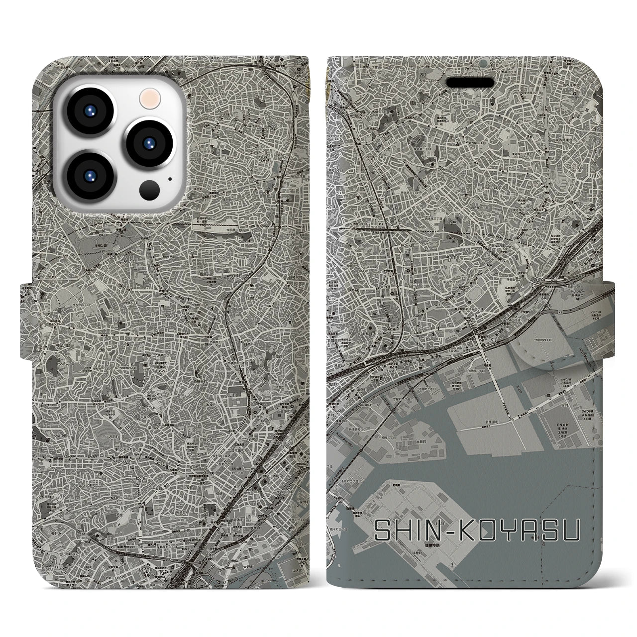 【新子安(神奈川県)】地図柄iPhoneケース(手帳タイプ)モノトーン・iPhone 13 Pro 用