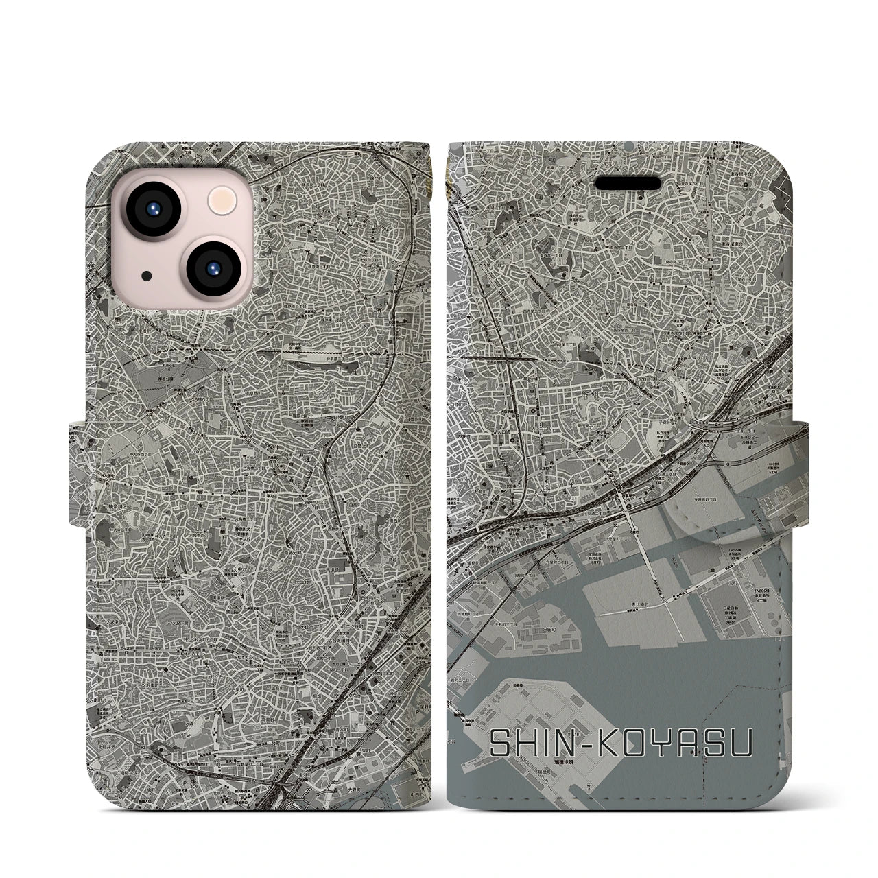【新子安(神奈川県)】地図柄iPhoneケース(手帳タイプ)モノトーン・iPhone 13 mini 用