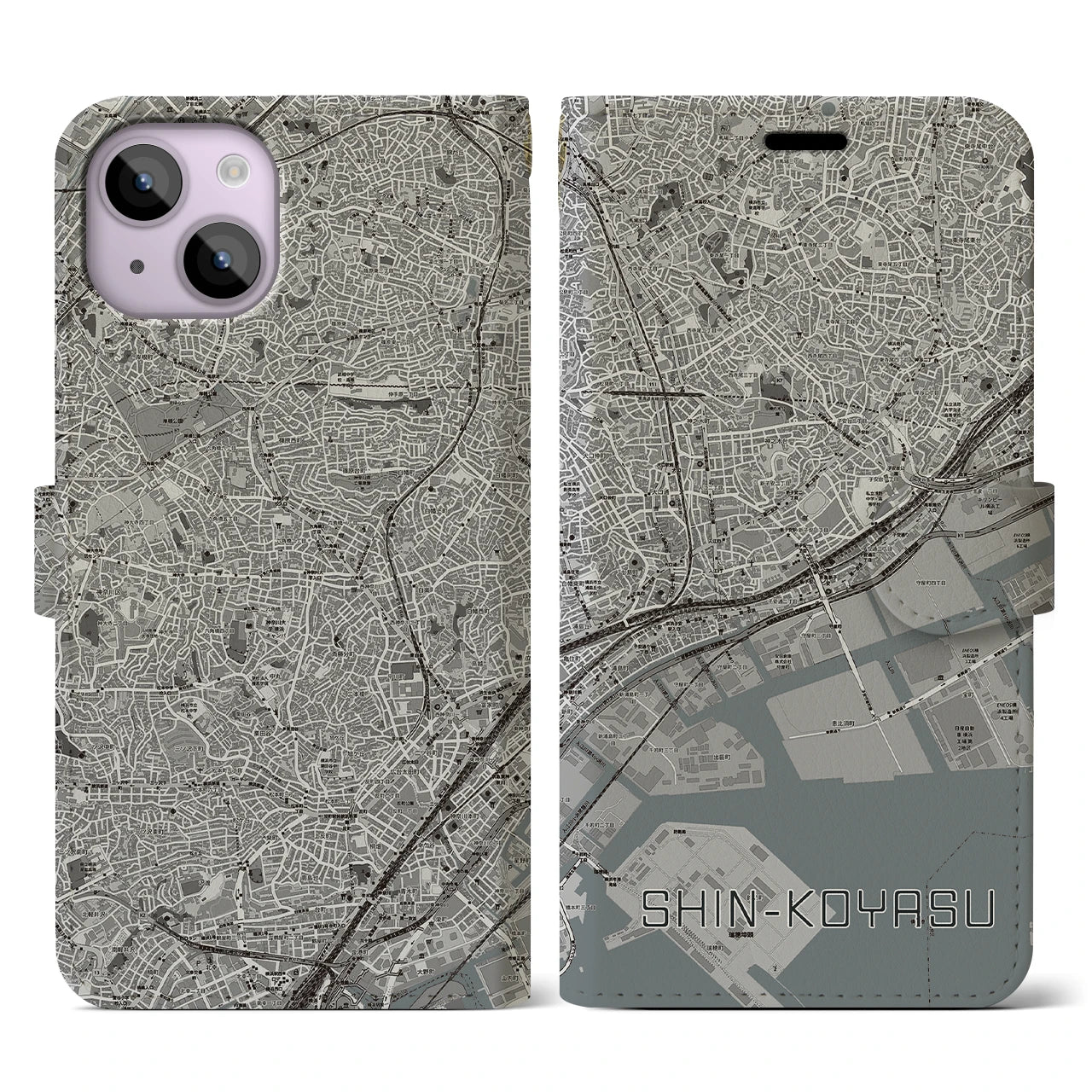 【新子安(神奈川県)】地図柄iPhoneケース(手帳タイプ)モノトーン・iPhone 14 用