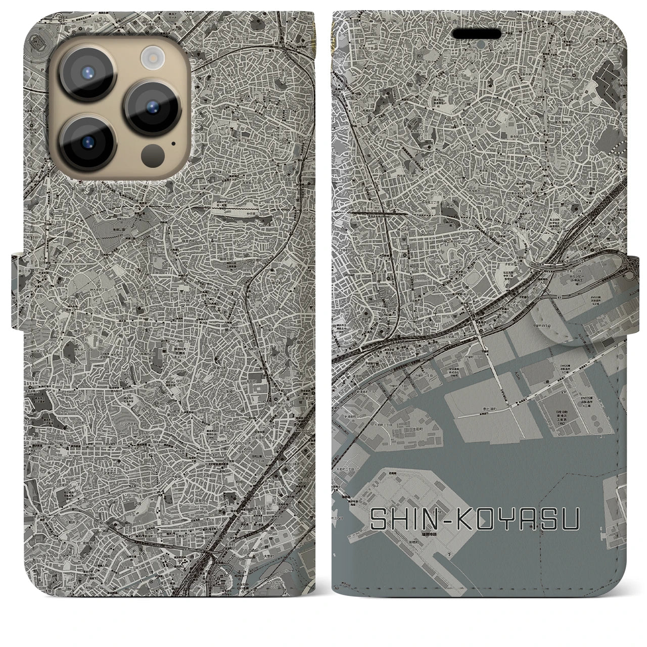 【新子安(神奈川県)】地図柄iPhoneケース(手帳タイプ)モノトーン・iPhone 14 Pro Max 用