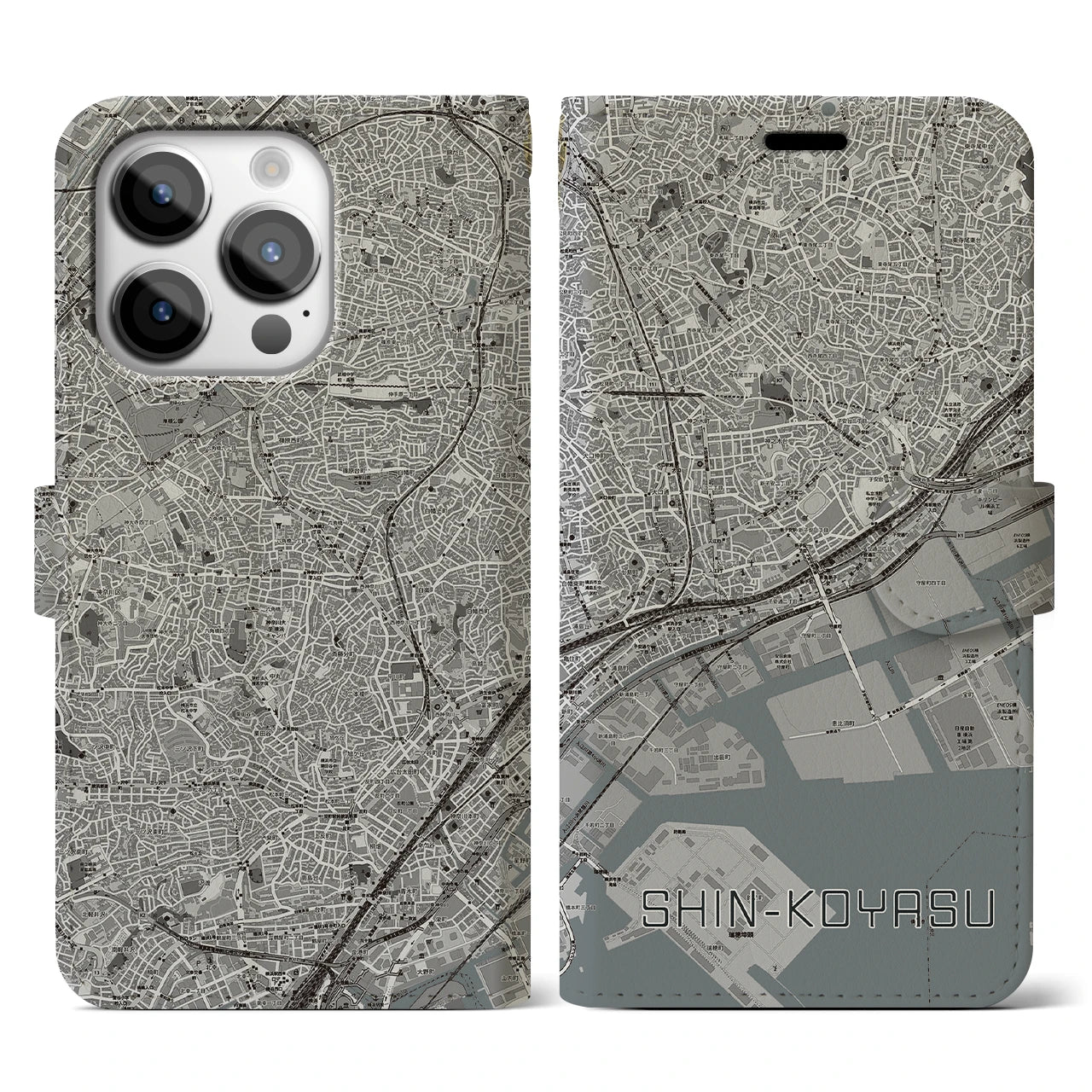 【新子安(神奈川県)】地図柄iPhoneケース(手帳タイプ)モノトーン・iPhone 14 Pro 用